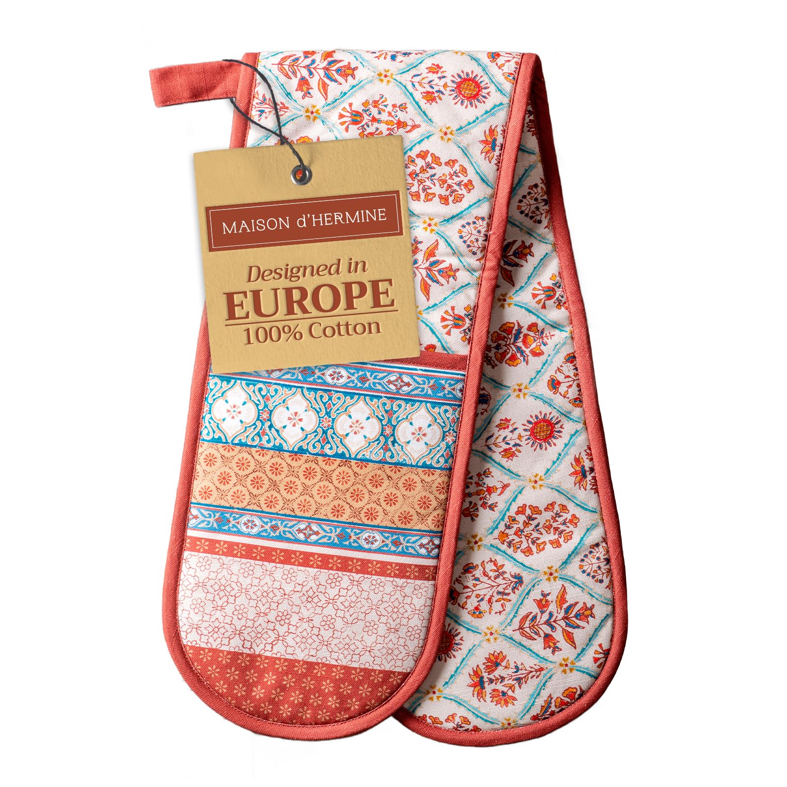 Maison D' Hermine 063 - Romane Double Oven Mitt (18 Cm X 89 Cm) 100% Cotton Heat Resistant Bbq Cooking Gloves With Loop For Christmas Decorations Baking Cooking Barbeque Handling Hot Pan (Romane)