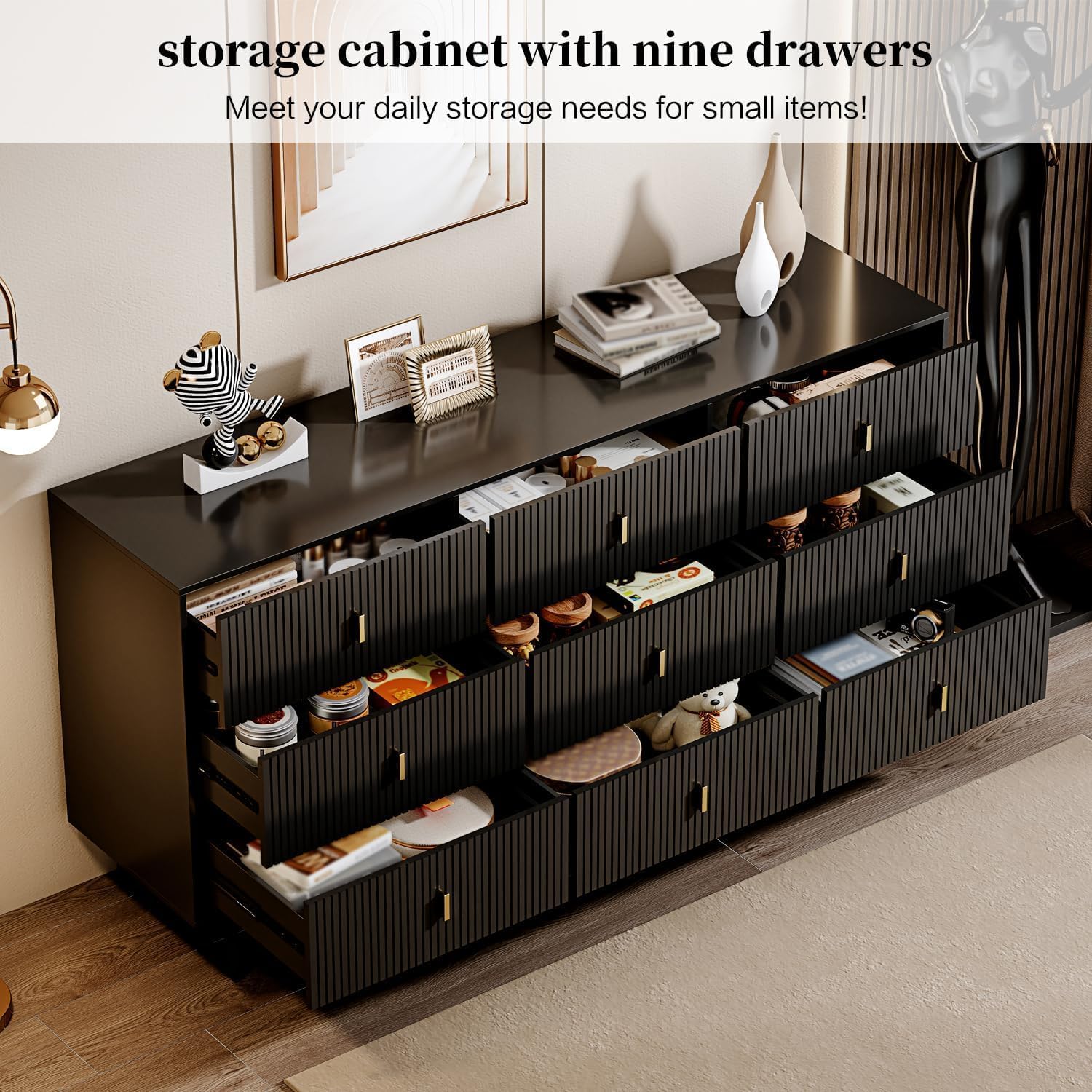 Chrangmay 9-Drawer Chest with all drawers open, showing organized contents