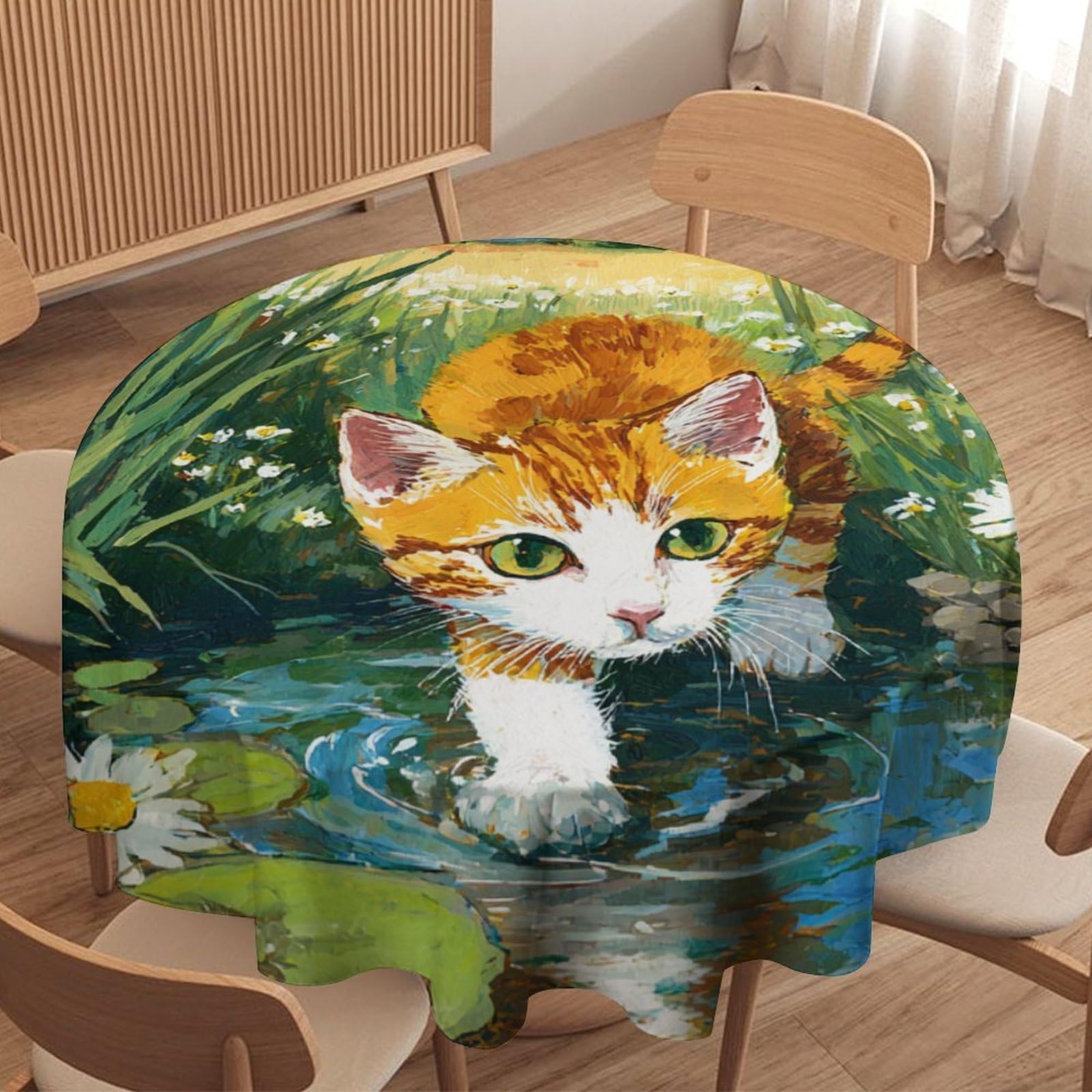 LUYYSKY Beautiful Realistic Cute Cat Waterproof Round Tablecloth Classic Funny Botanical Daisies Flowers Animal Kitten Pattern Washable Table Cover for Kitchen-127 Wx127 L cm