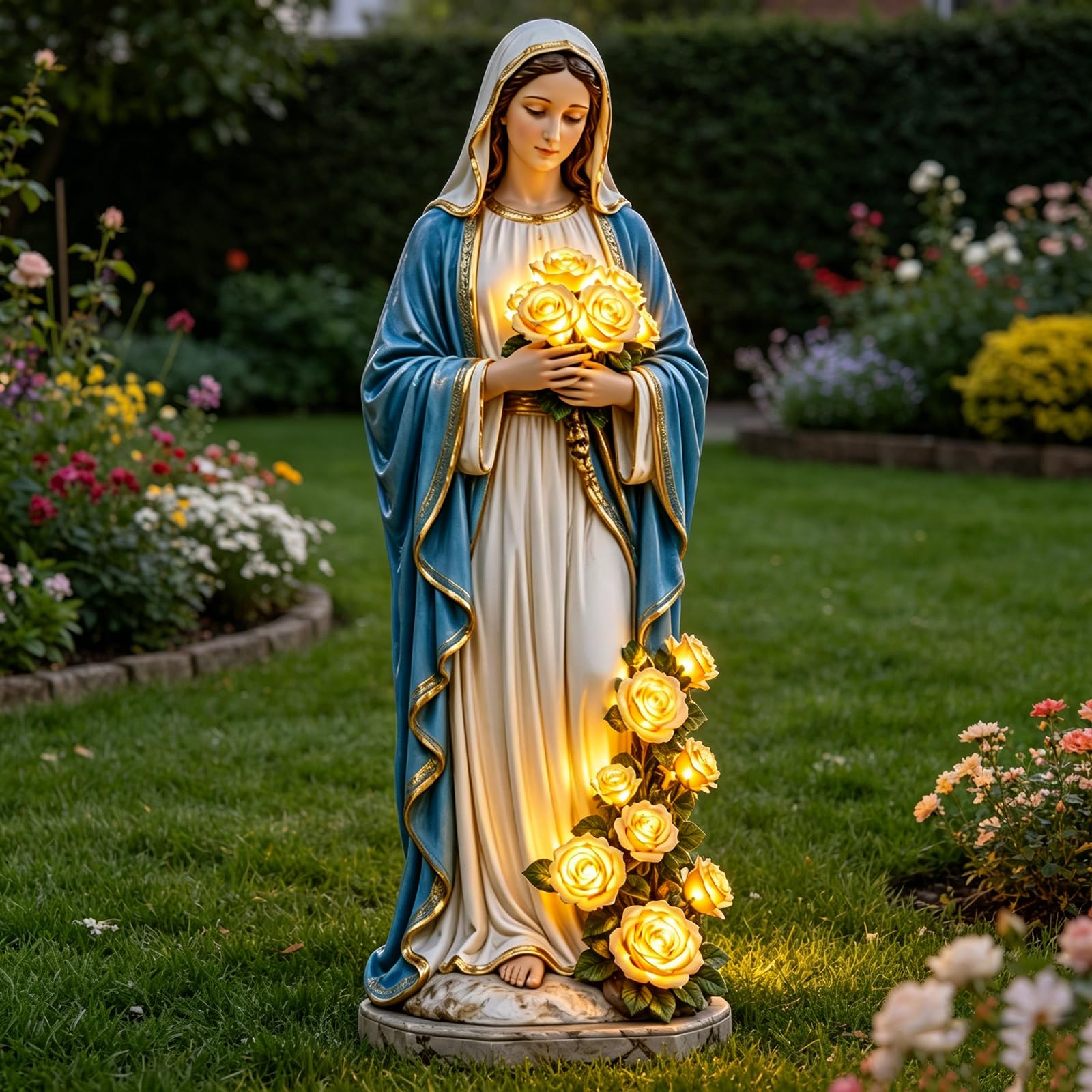 Aukojoy Virgin Mary Garden Light, Virgin Mary Solar Statue with Glowing Roses, Resin Figurine Lamp Decor for Outdoor Patio Porch Yard, Memorial Gift, Mother's Day, Catholic Christian Religious Gift
