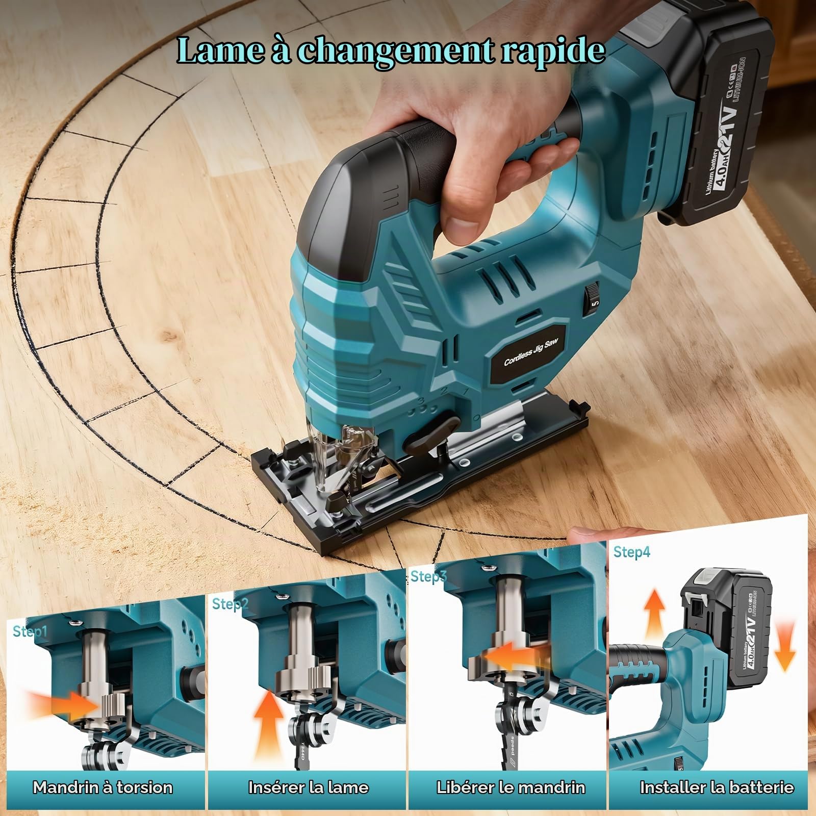 Yofuly Scie Sauteuse sans fil Compatible avec Batterie Makita 18V, Scie Sauteuse Électrique 7 Vitesses Variables 3200SPM ±45° Angle de Coupe, 2 Batteries 4,0Ah, 6 Lames pour Bois/Plastique/Métal