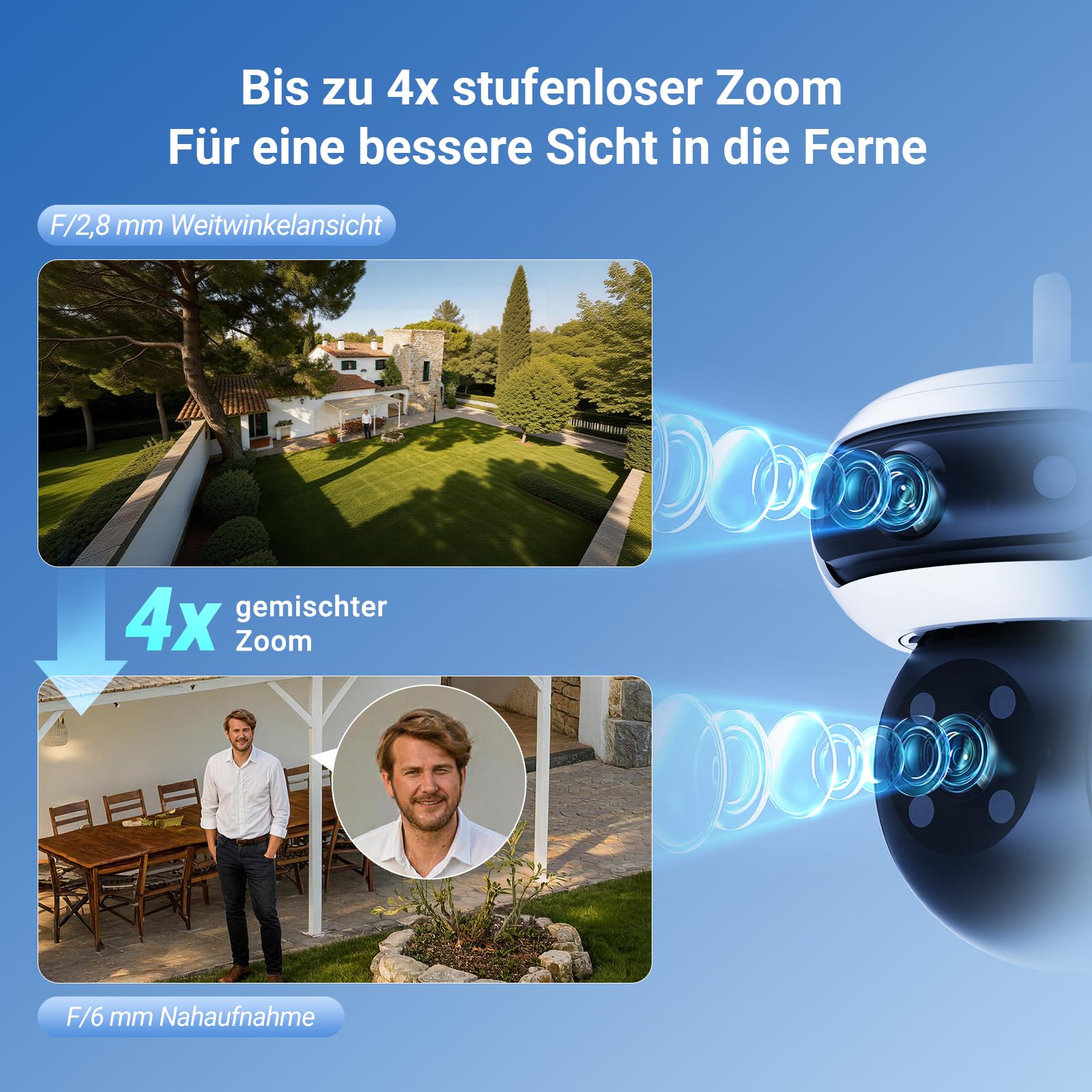 EZVIZ 3K+3K Akku Überwachungskamera Aussen mit 8W Solarpanel CB90 Dual | Dual-Objektiv, 10400mAh Batterie, Auto-Tracking, Farbnachtsicht, Personen/Fahrzeugerkennung, Zwei-Wege-Audio, Ohne Abo