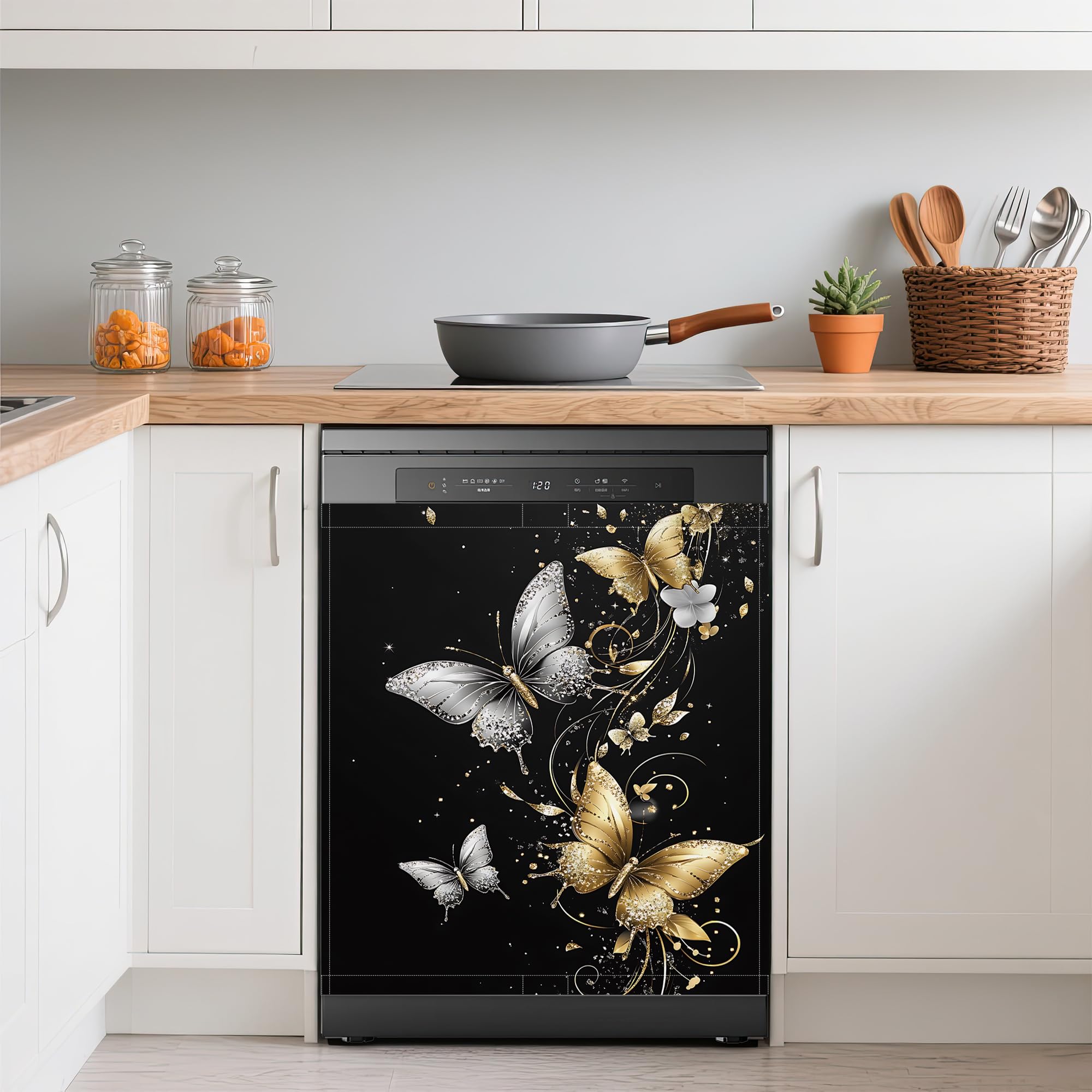 Dishwasher Magnets Decorative Cover,Gold Silver Butterfly Refrigerator Magnet Cover,Washable Modern Dishwasher Front Panel Cover Home Kitchen Decoration 23x26 Inch