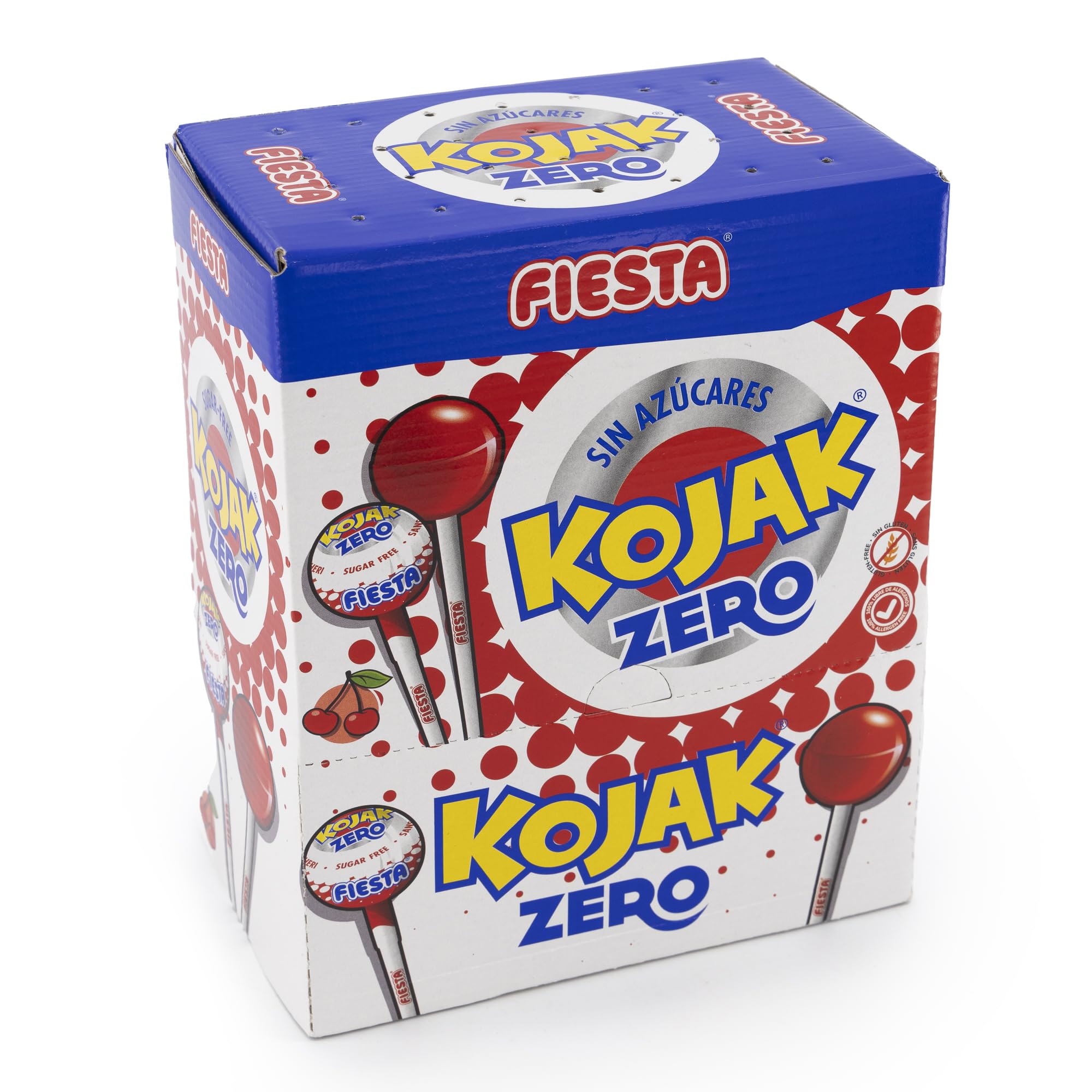 FIESTA Kojak Sin Azúcar Caramelo con Palo Sabor Cereza - Caja de 70 unidades