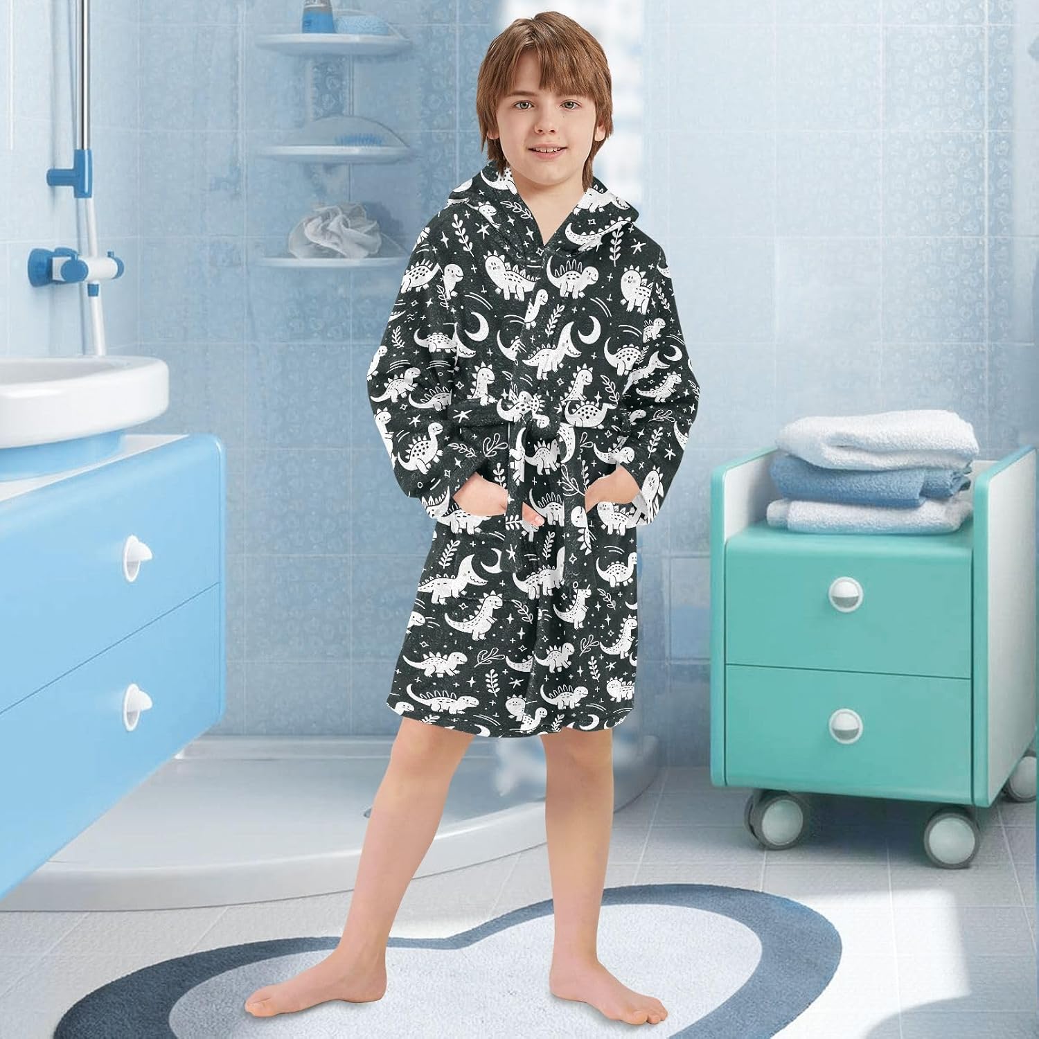 senya Cute White Lined Dinosaur Toddler Hooded Bathrobe Kids Soft Plush Bath Towel Robes for Boys Girls 2-12 Years