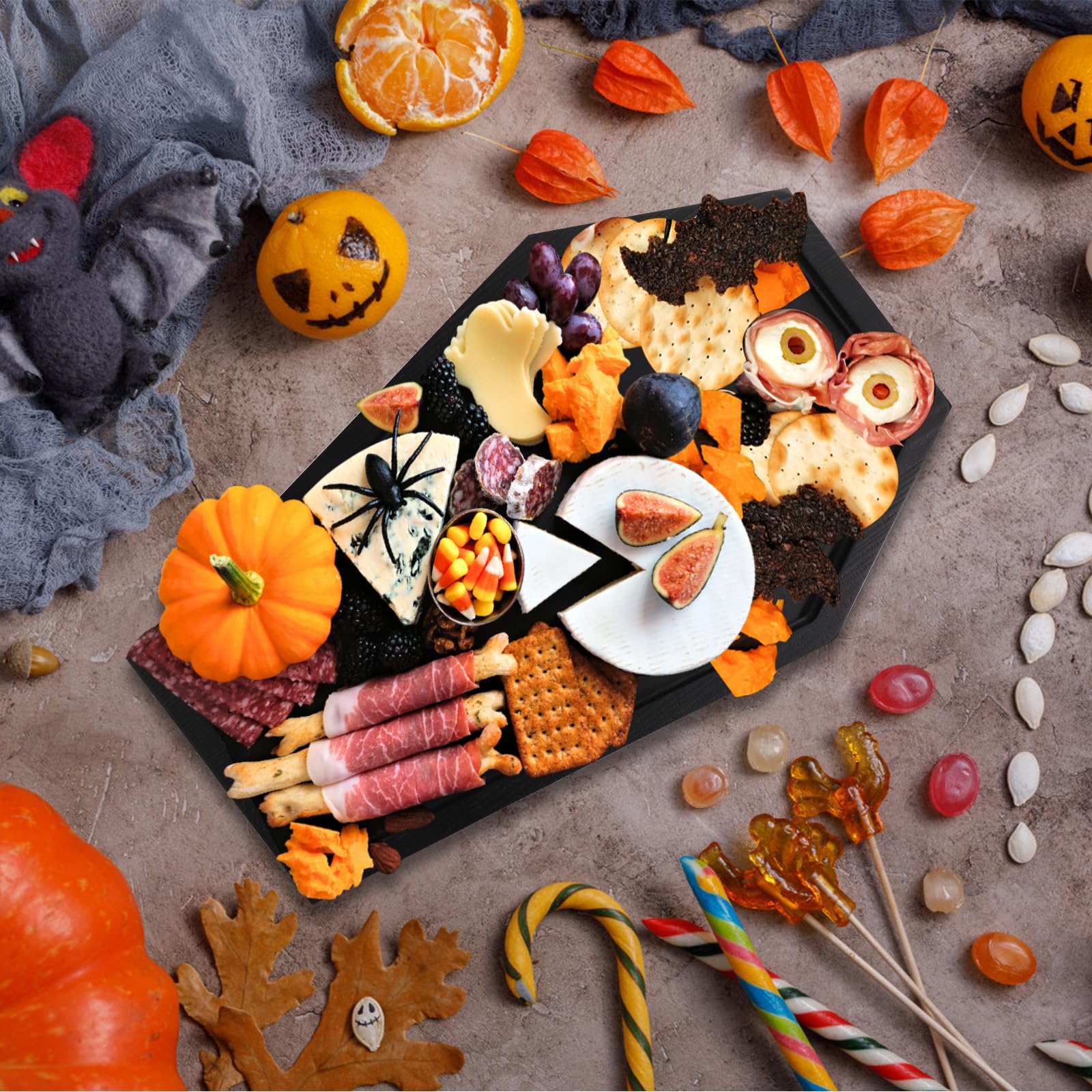 Bandeja de Ataúd con Esqueleto, Bandeja para Servir Ataúd Bandeja para Velas Góticas Espeluznantes Bandeja Decorativa Espeluznante de Halloween para Colocar Comida Queso o Regalos de Fiesta