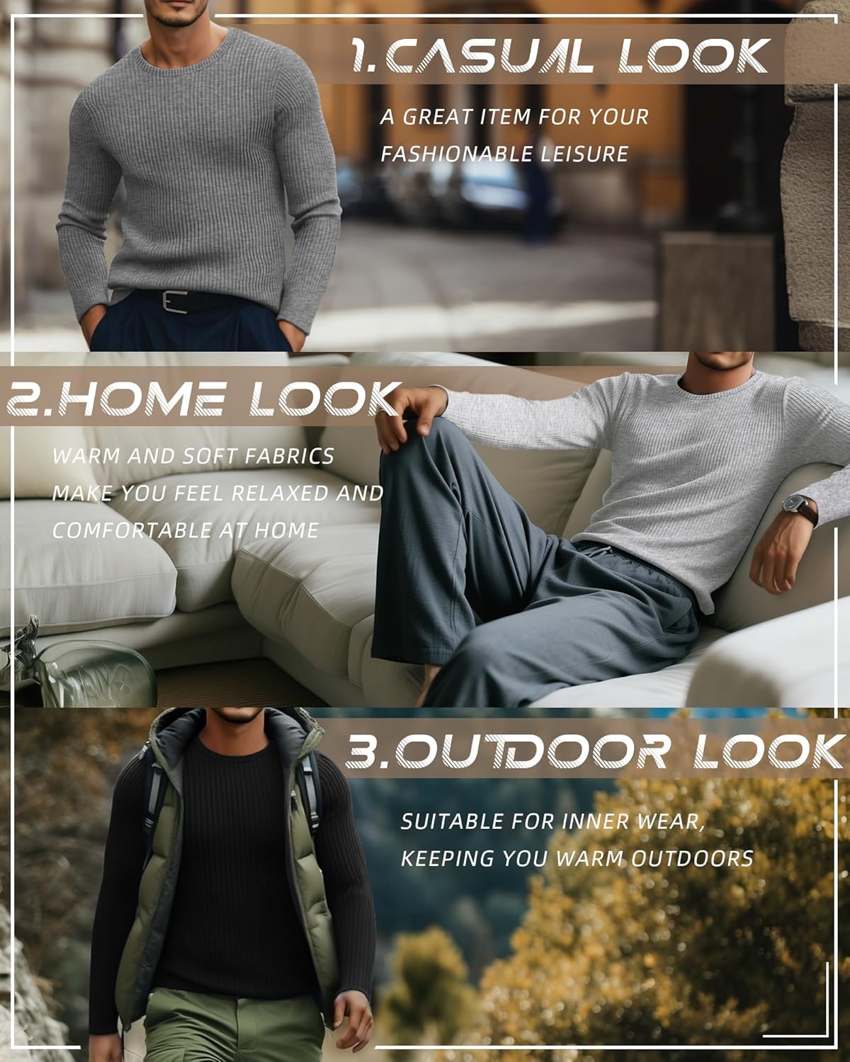 Riyiper 3 Pack Men's Ribbed Thermal Shirts Crew Neck Long Sleeve Tops Winter Stretchy Slim Basic Undershirt - Image 2