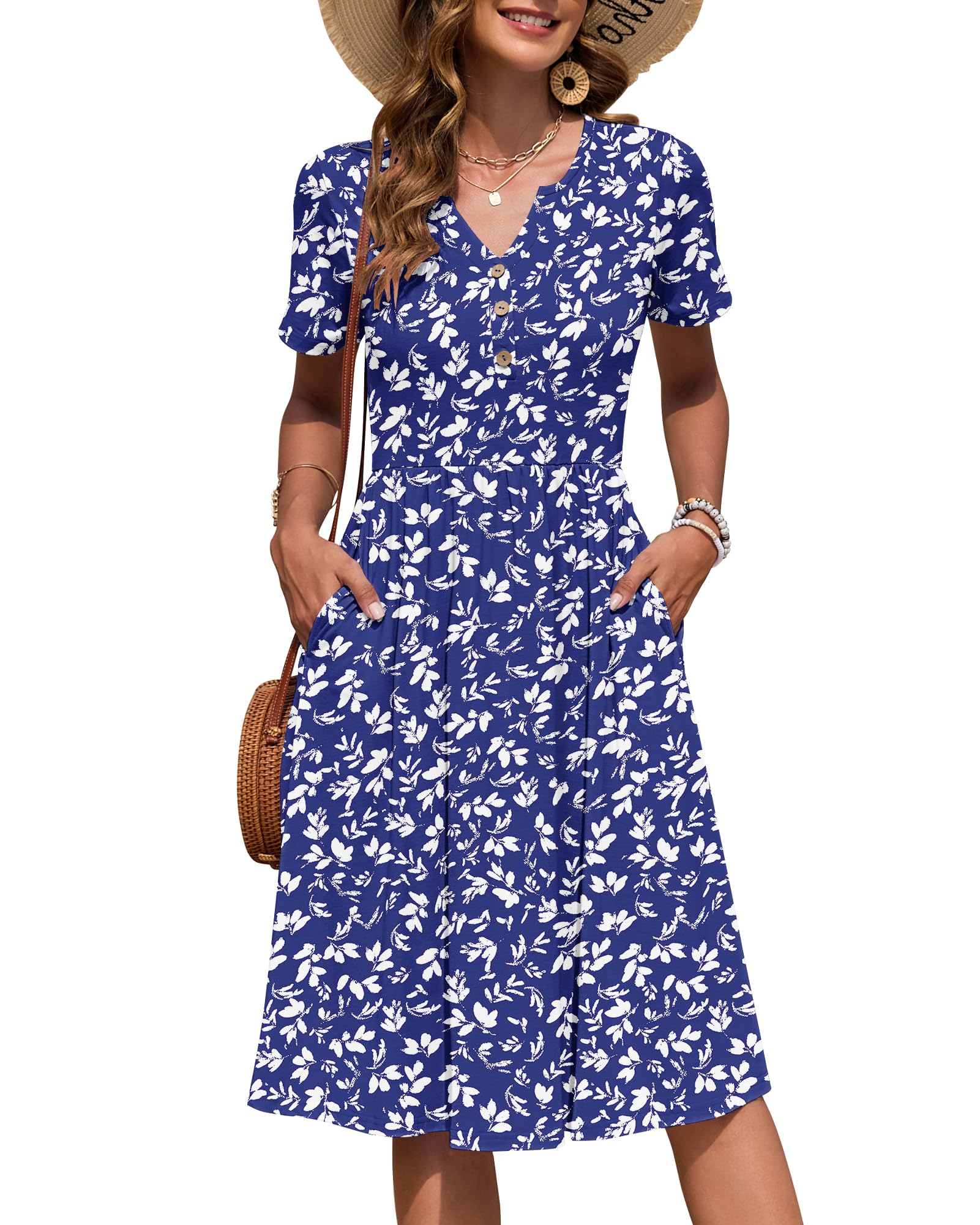 Auselily Women's Floral Blue Summer Short Sleeve Midi Dresses V Neck Empire Button Knee Length Dress With Pockets Xxl