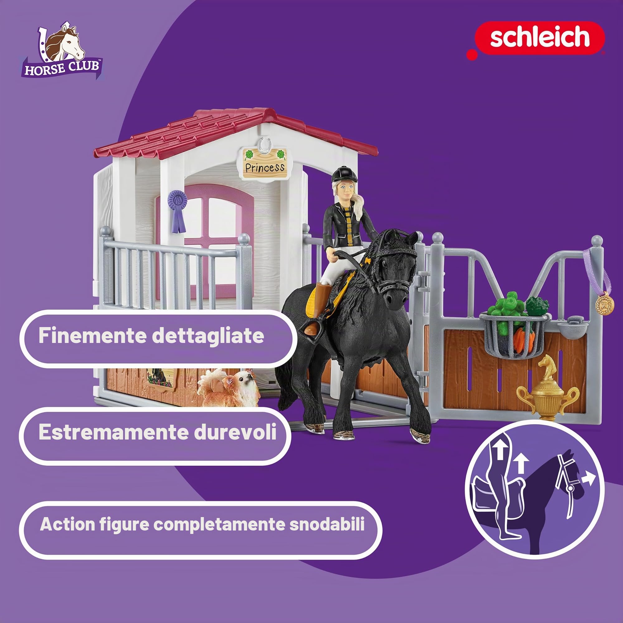 Schleich HORSE CLUB | Box per cavalli con Tori & Princess 42437 | set con scuderia, figura bambina snodabile, cavallo, cane, recinto e accessori | giocattolo cavalli per bambini dai 5 anni | 26 pezzi