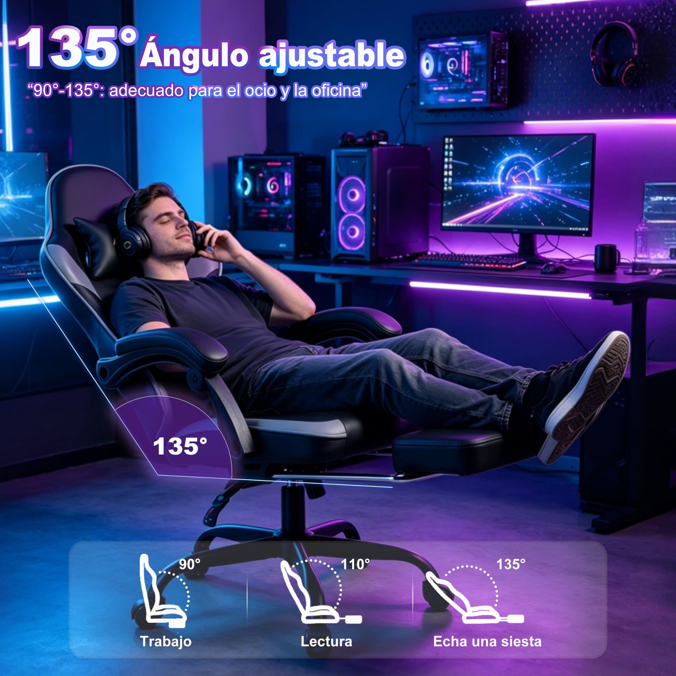 Andyou Silla Gaming Ergonomica con Reposapiés–Regulable en Altura, Cuero PU, Reposacabezas y Soporte Lumbar, Respaldo Reclinable 90-135°, 130 kg, Negro