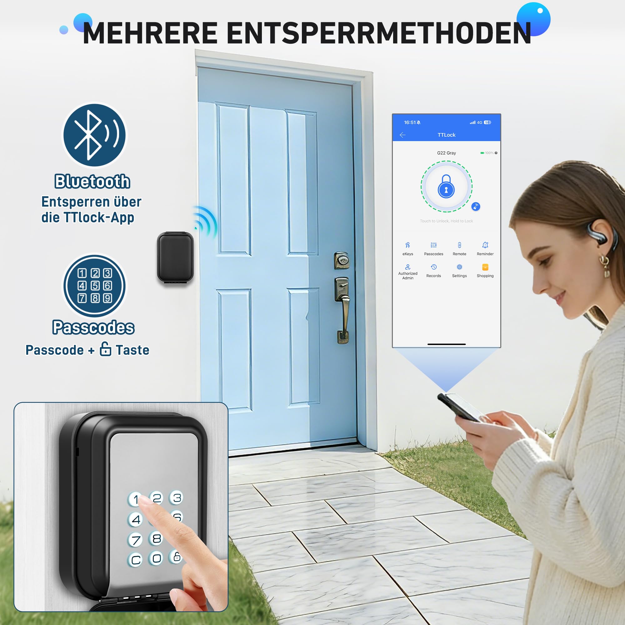 Schlüsseltresor mit Zahlencode Aussen wasserdichte Schlüsselbox Bluetooth Anti-Diebstahl Schlüsselsafe Wandmontage Schlüsselkasten mit Mehrere Passwörter & App-Funktionen