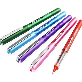 uni-ball Eye UB-157D Designer Liquid Ink Rollerball Pen - 0.7mm Tip - Red Pink Green Light Blue Purple Pack of 5