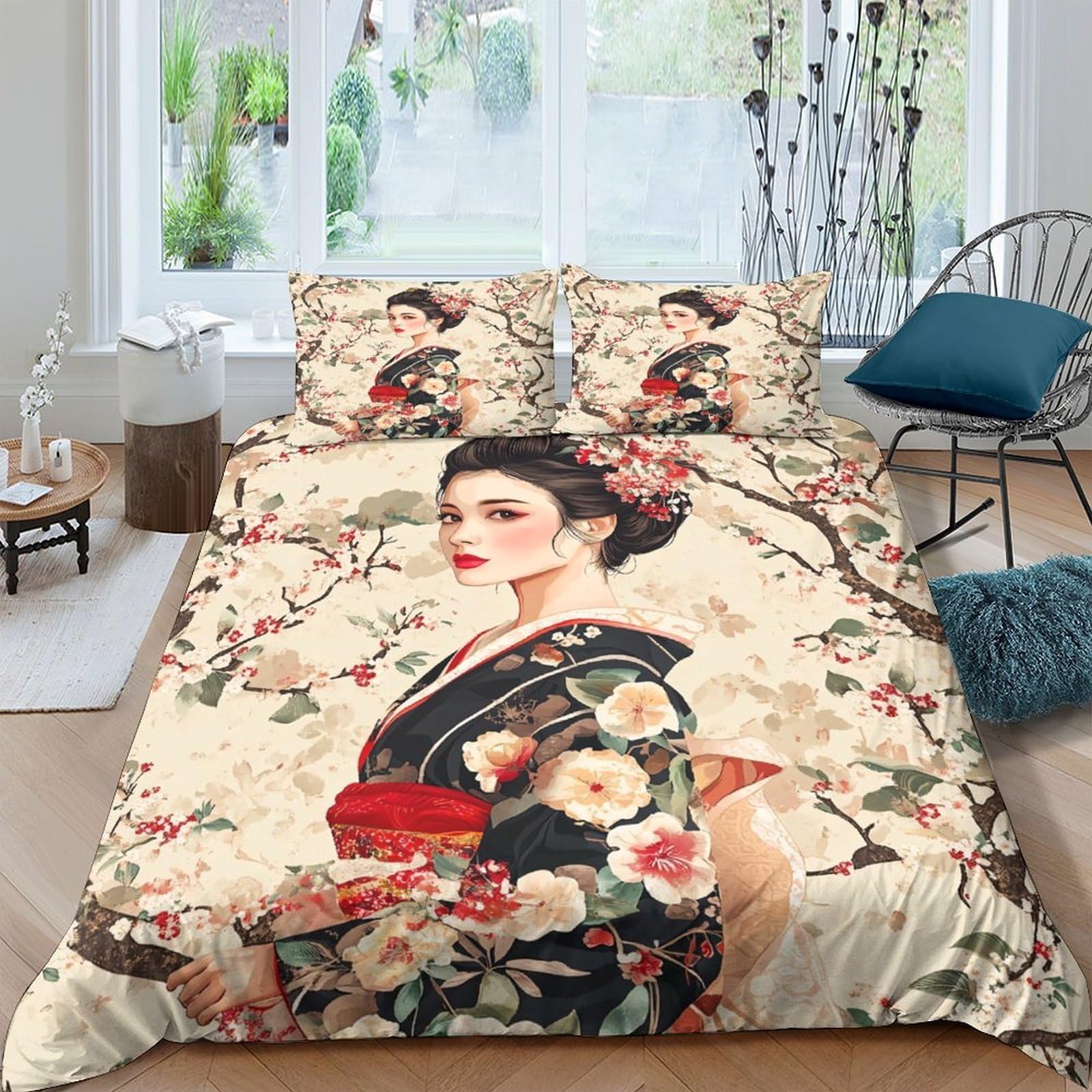 Ctjqhvkz Style-6 3D Printed Japanese Geisha Blossom Fitted Sheet Microfiber Soft Bed Cover Art Decor For Bedroom Dorm Room Single（135X200cm）