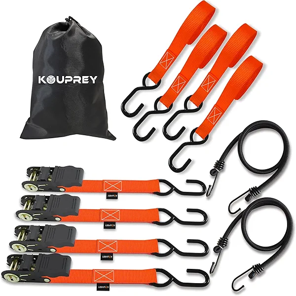Ratchet Straps Heavy Duty, Boat Tie Down Straps to Trailer, Motorcycle Straps, Kayak Tie Downs, 4-Pack 1" x 15ft, 1200LB Break Strength,S Hooks & 2 Bungee Cords-Secure, Rubber Coated Handle