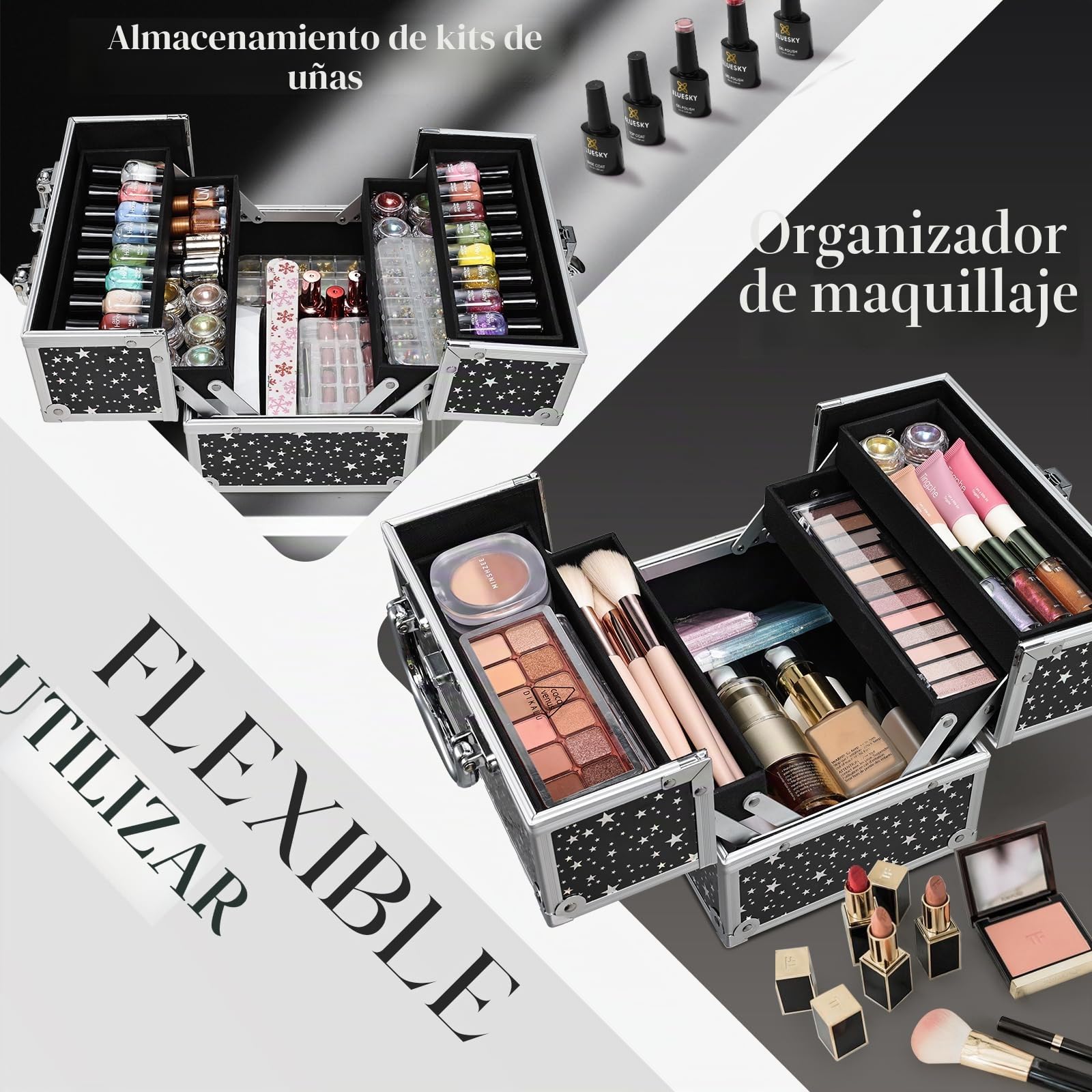 Maletín Maquillaje pequeño Caja Maquillaje vacío Organizador Maquillaje con Cerradura Maletín Maletin Manicura para niñas Maletín de cosméticos, Cielo Estrellado Negro