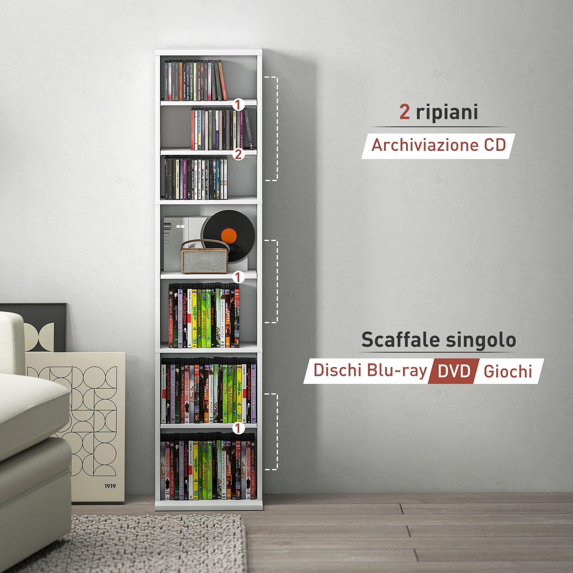 HOMCOM Mobile Porta CD con 6 Ripiani Regolabili, Scaffale Porta 260CD/120DVD Salvaspazio in Legno, Mobile Portacd con 9 Scomparti, per Soggiorno, Camera da Letto, Ufficio, 33x24x140 cm, Bianco