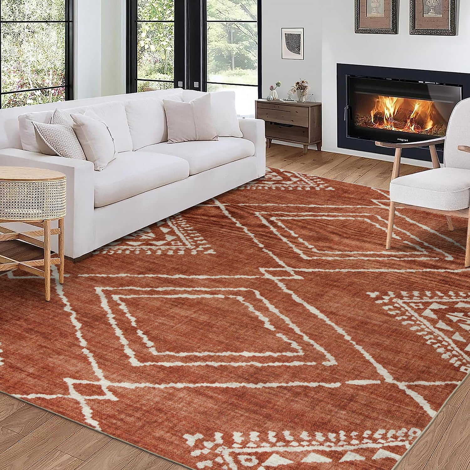 ReaLife Rugs Machine Washable Area Rug - Living Room Bedroom Bathroom Kitchen Entryway Office - Padded Low Pile Stain Resistant Premium - Moroccan Diamond Tribal - Jax - Orange 5' x 7'