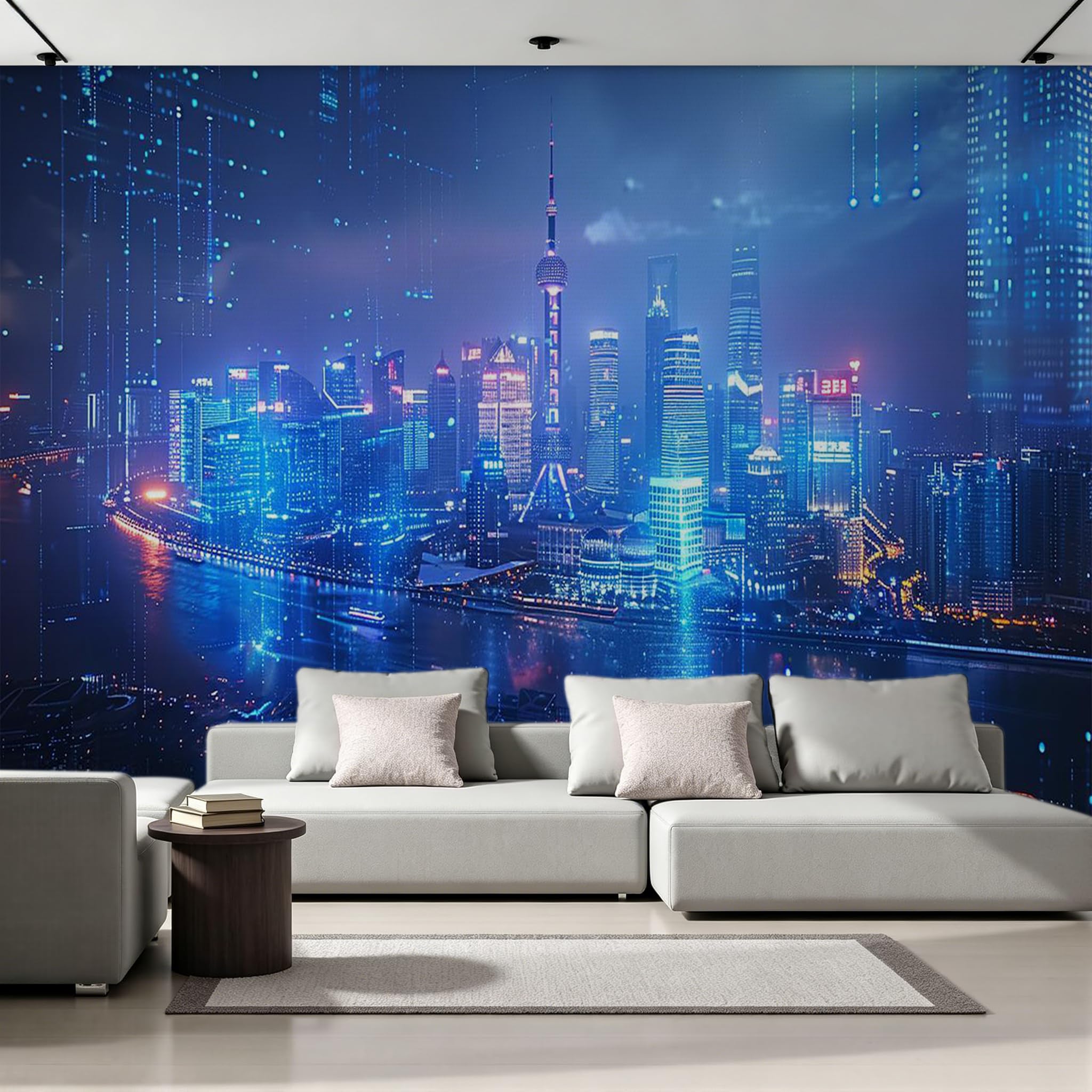 Carta da parati effetto 3D Città Moderna 350 x 256 cm Murale Non Tessuto Vista Notturna Fotomurale Stampa HD Moderna Poster Per Soggiorno E Camera Da Letto Design 2M1749