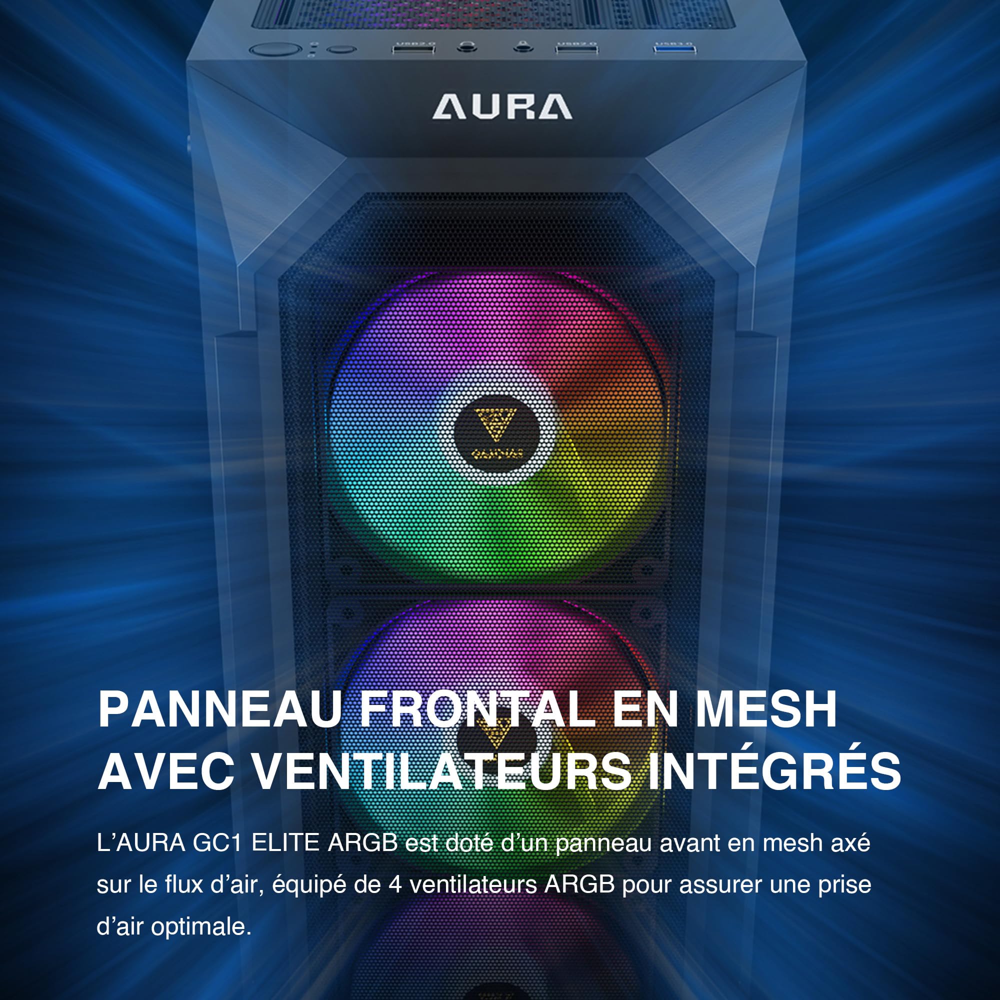 GAMDIAS Aura GC1 Elite ARGB ATX Boîtier PC Mid Tower Ventilateur 4 x 120 ARGB Panneau Avant en Maille Haute Circulation d'air Panneau latéral en Verre trempé Installation sans Outils Noir