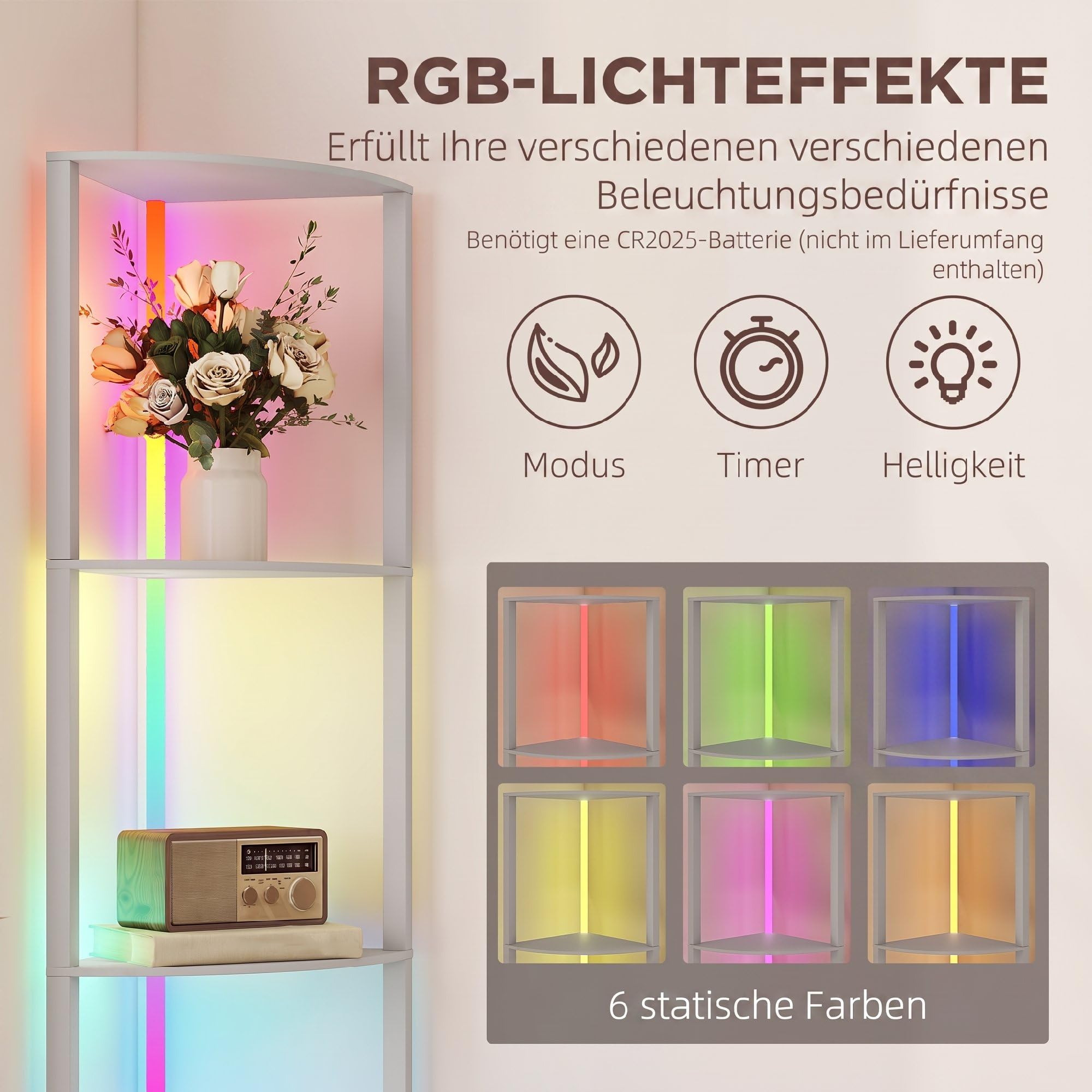 HOMCOM lampa podłogowa LED RGB z półkami, 4-poziomowa, z regulacją jasności i pilotem, nowoczesna lampa narożna do salonu, sypialni i biura, szara
