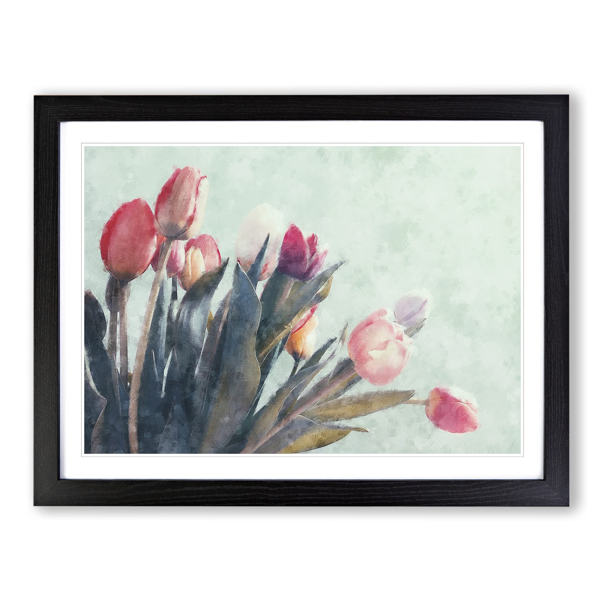 Bunch Of Pink Tulips Painting Modern Art Framed Print, Black, A3 (46 x 34 cm)