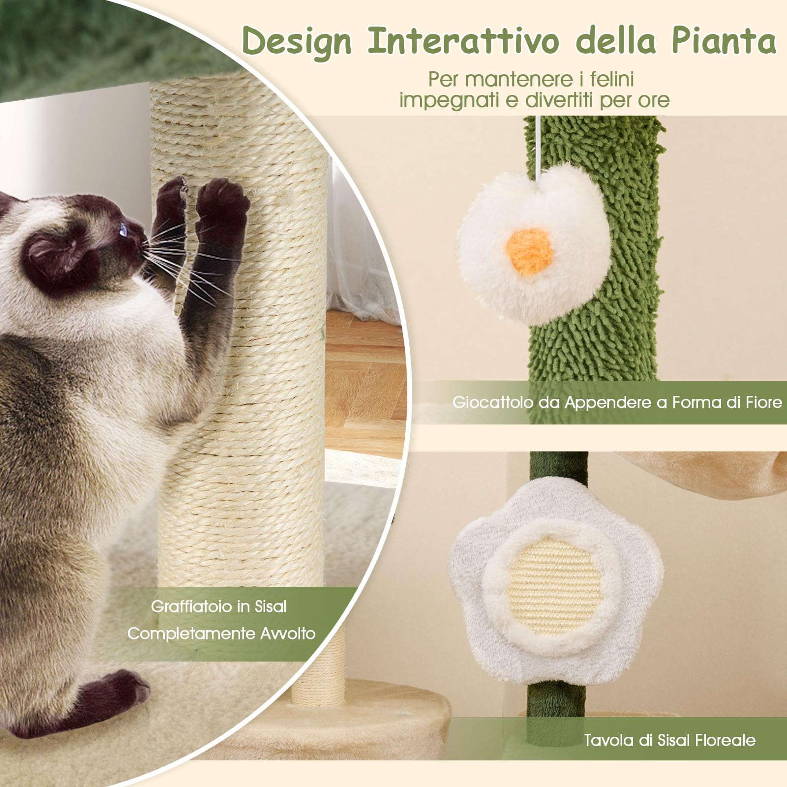 COSTWAY Tiragraffi per Gatto Alto 114 cm Forma di Fiore, Albero Tiragraffi Gatto con Amaca, Grotta e Palla Pompon, Torre Tiragraffi per Gatti con Pali e Tavola in Sisal, Verde e Beige