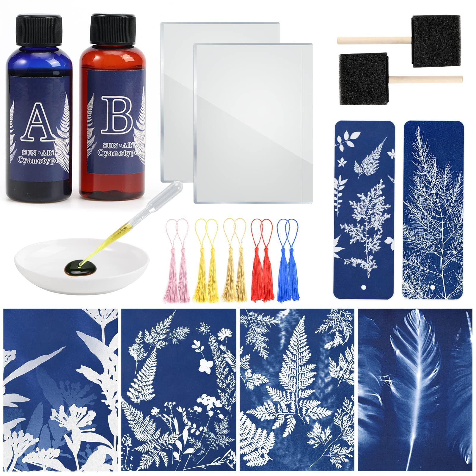 Cyanotype Kit Include 2 Component Sensitizer Set, 40 Sheets A5 Paper Brush Tools and Instructions Sun Print Nature Printing Kit for Photographic Blueprints DIY Arts Crafts Projects