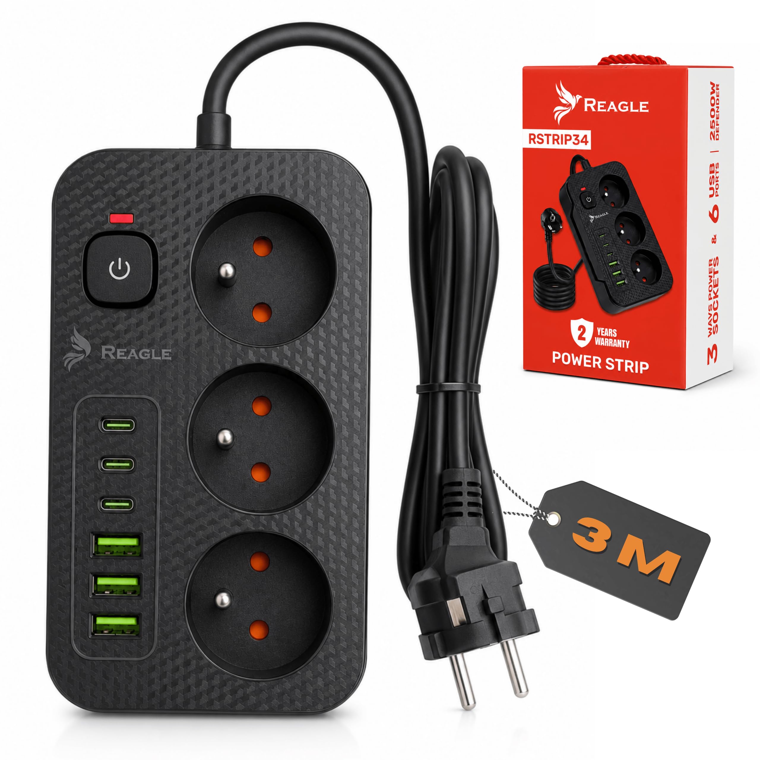 Reagle Listwa Zasilająca 3 Gniazda 230V z 6 USB, 3x USB-A 3x USB-C, Przedłużacz 3M z Podświetlanym Włącznikiem, 2500W, Czarna, do Domu Biura