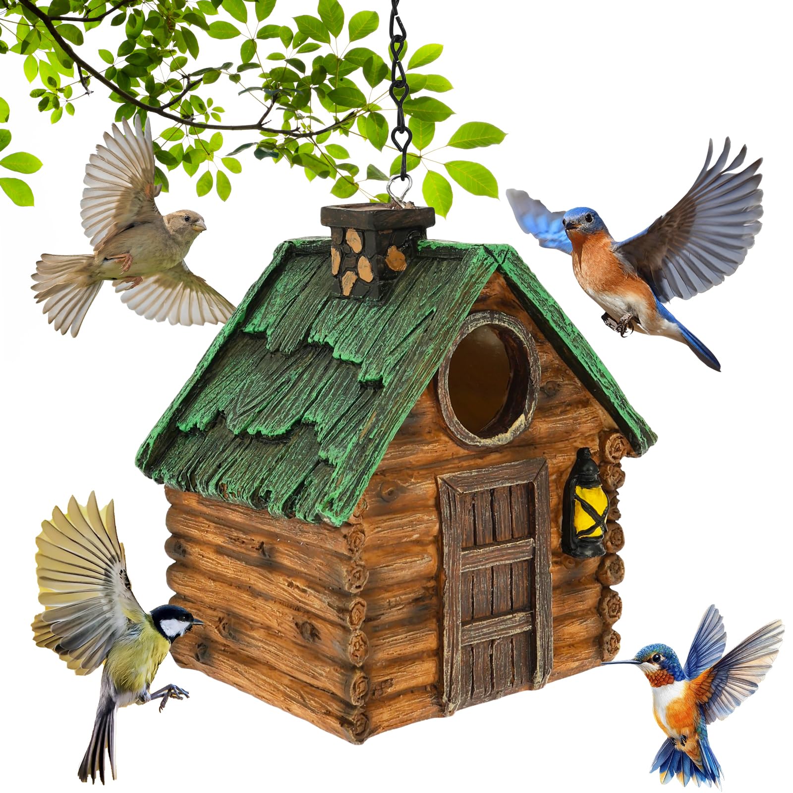 Bird Houses for Garden, Resin Colorful Bird Nesting Boxes with Hanging Chain for Outdoor Tree Backyard Decoration Weatherproof Houses for Bluebird Finch Cardinals, Gifts for Birdman Friend(Style 1)