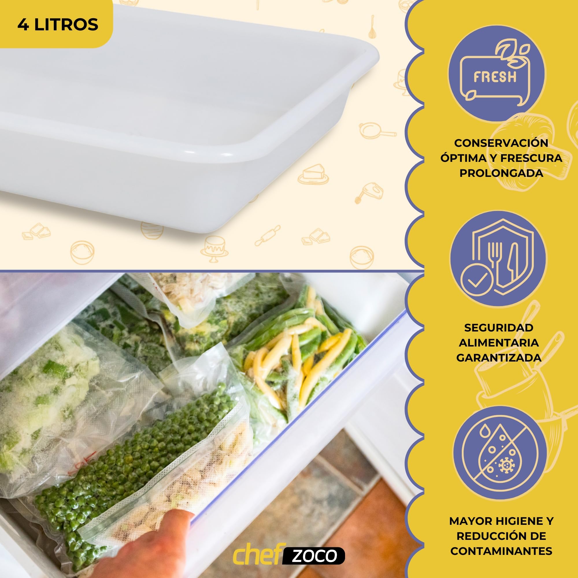 CHEFZOCO Bandeja para frigorífico, Bandeja para hostelería, Bandeja frigorífica para alimentos, Apta para contacto con alimentos, Medidas 35 cm Largo x 27.5 cm Ancho x 6 cm Alto, Plástico, Blanco
