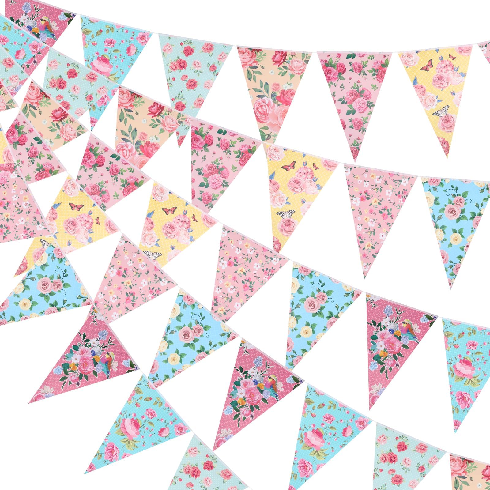 5PCS 13.5m Vintage Floral Paper Bunting Banner,Retro Tea Party Decorations,Garden Hanging Triangle Flags,Paper Garland for Birthday,Wedding,Baby Shower,Afternoon Tea,Mother’s Day & Bedroom Decoration