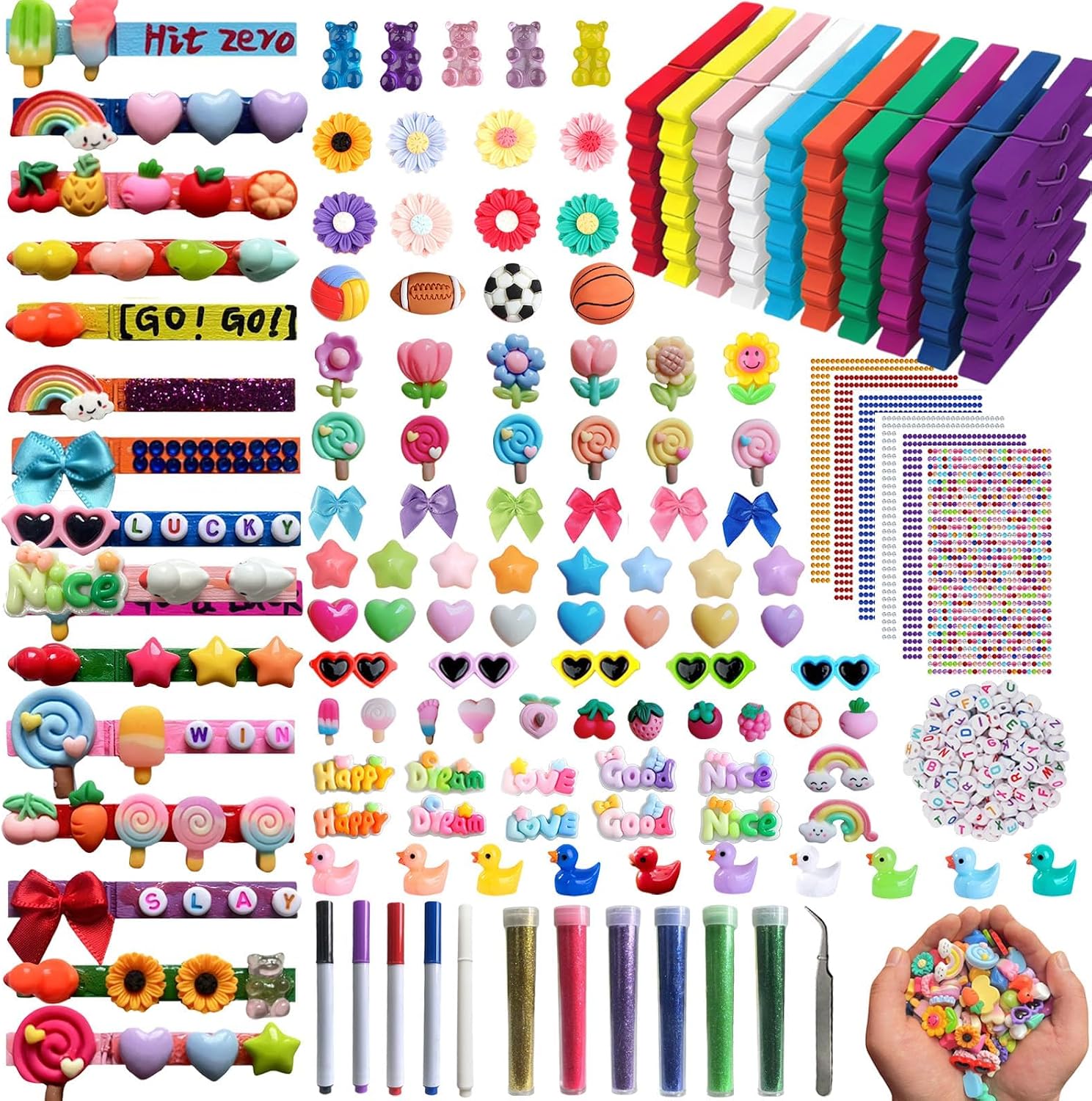 100 Set Cheer Pins Decorations for Cheerleaders Gifts，Cheer Clothes Pins Charms 520+Pcs Decorations Include Mini Duck & Bow & Letter & Flower，Cheerleading Spirit Clips for Backpacks Volleyball Bulk