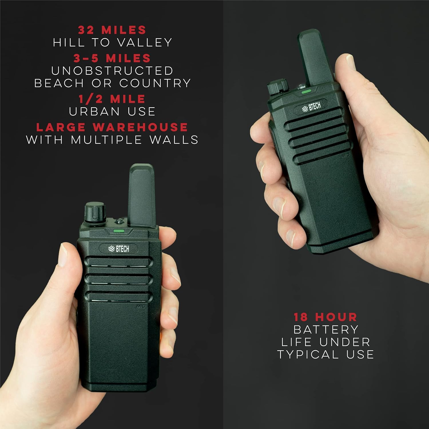 BTECH FRS-B1 2 Pack FRS Business, Adult Walkie Talkies, NOAA, High Output Two-Way Radio. Full Kit with Earpiece Kit, Holsters, Desktop Charger, Built in Flashlight, NOAA, and More