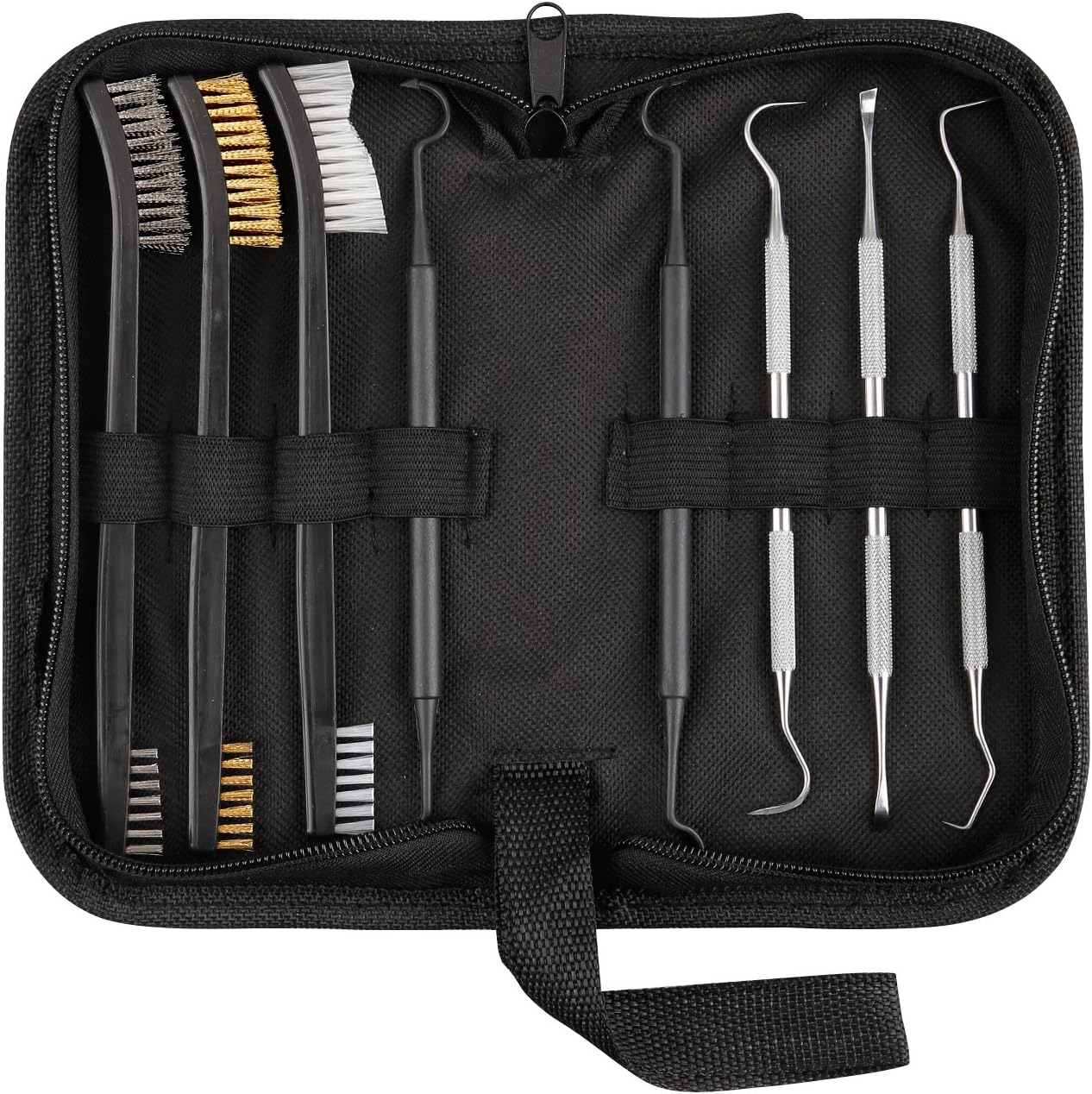Gun Cleaning Set, Double Ended Nylon/Brass/Steel Gun Brush, 3 Steel Gun Picks and 2 Polymer Picks for Pistol, Rifle and other Firearms