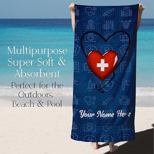 Miniatura 3 de Toalla de playa personalizada para enfermeras y médicos para adultos con corazón y nombre personalizado para mujeres u hombres, algodón suave y