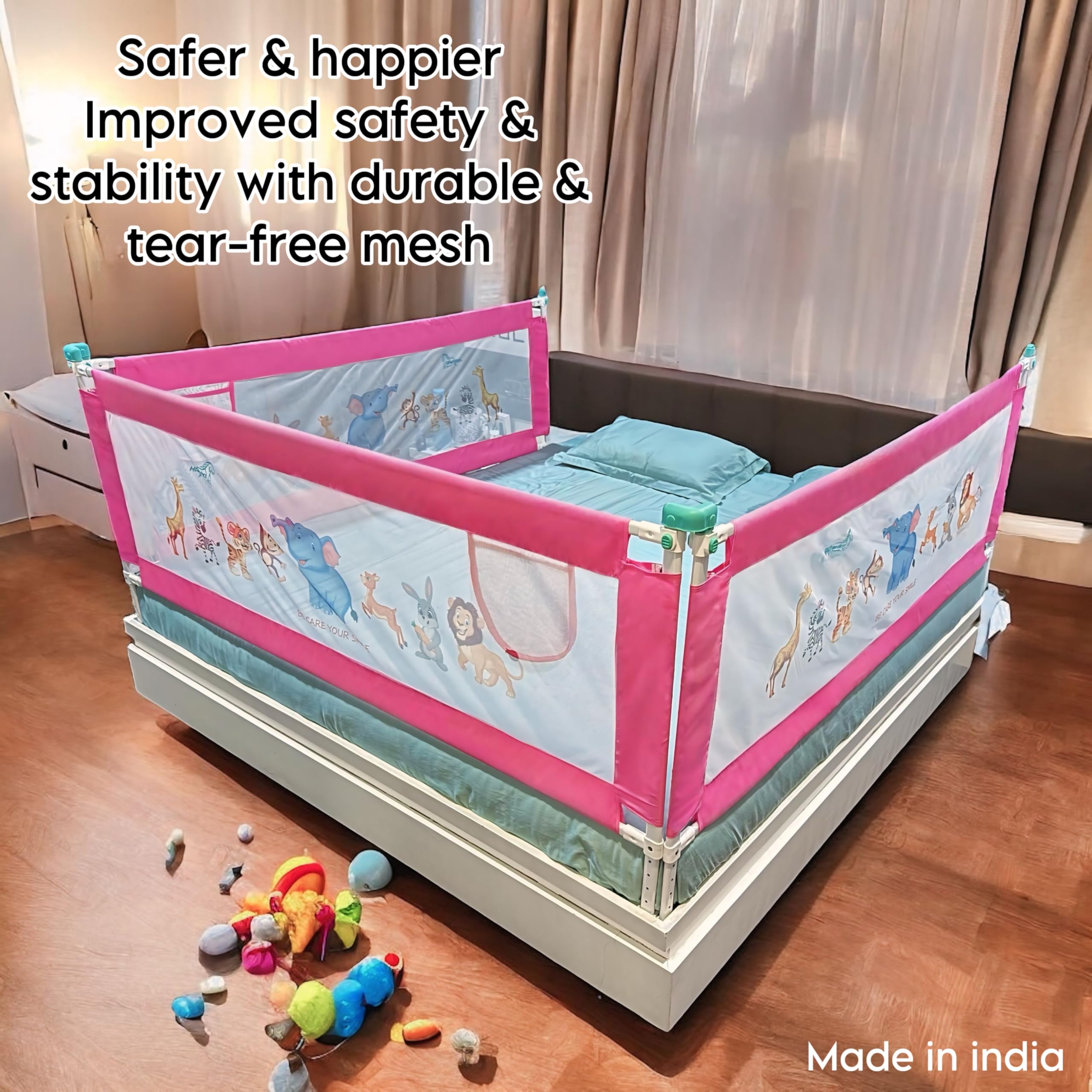 HAOWKI Baby Bed Rail Guard for Kids | Foldable Safety (6ft x 2ft) Bed Fence with Animal Print | Tear-Free Mesh | Suitable for All Bed Sizes (3, Pink) - Image 7 thumbnail