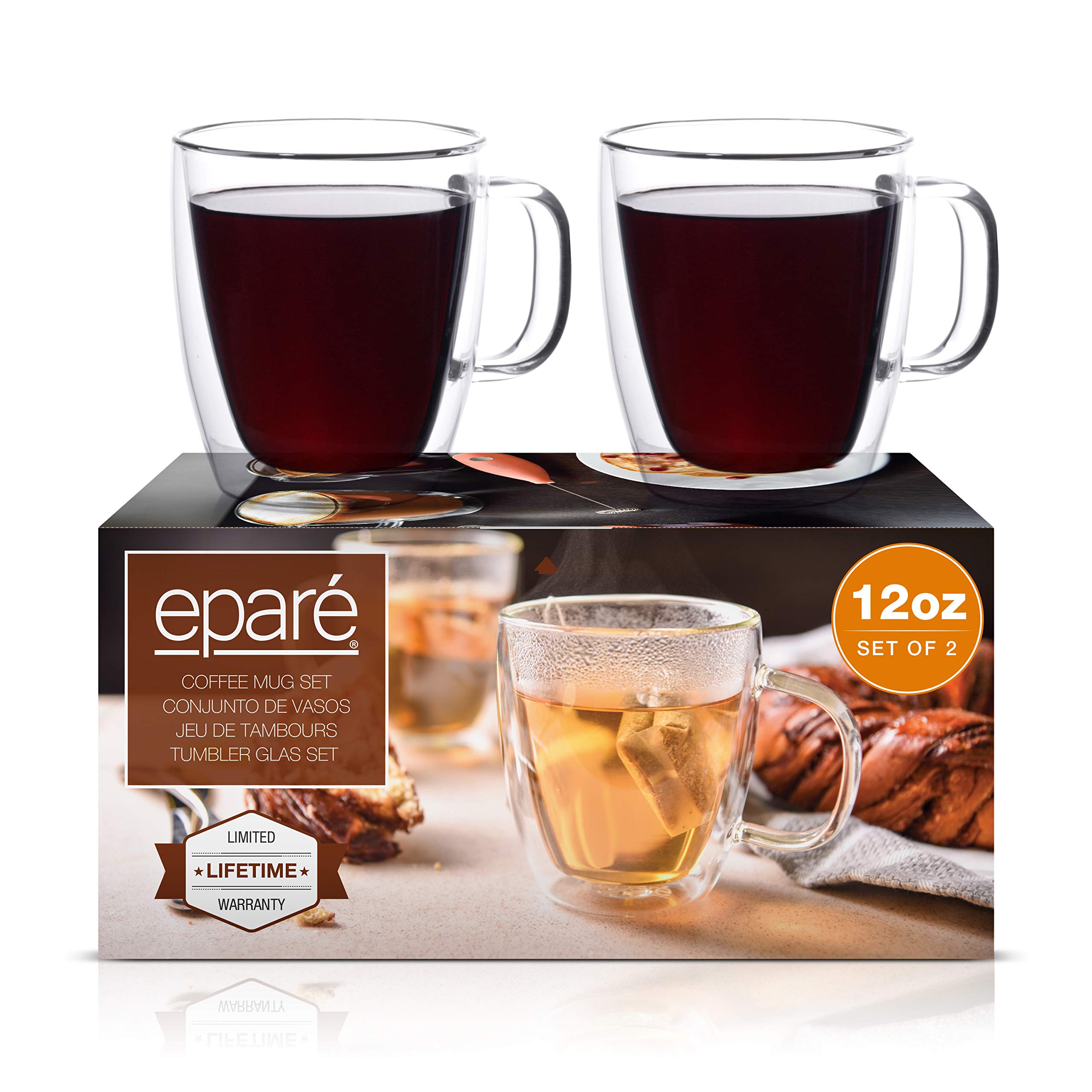 Eparé Double Wall Glass Coffee Mugs - Set of 2 Clear Double Walled Iced Coffee Cup - Large Cappuccino Glass Cups - Espresso & Tea Glass Mugs for hot Drinks with Handles - Latte Glasses