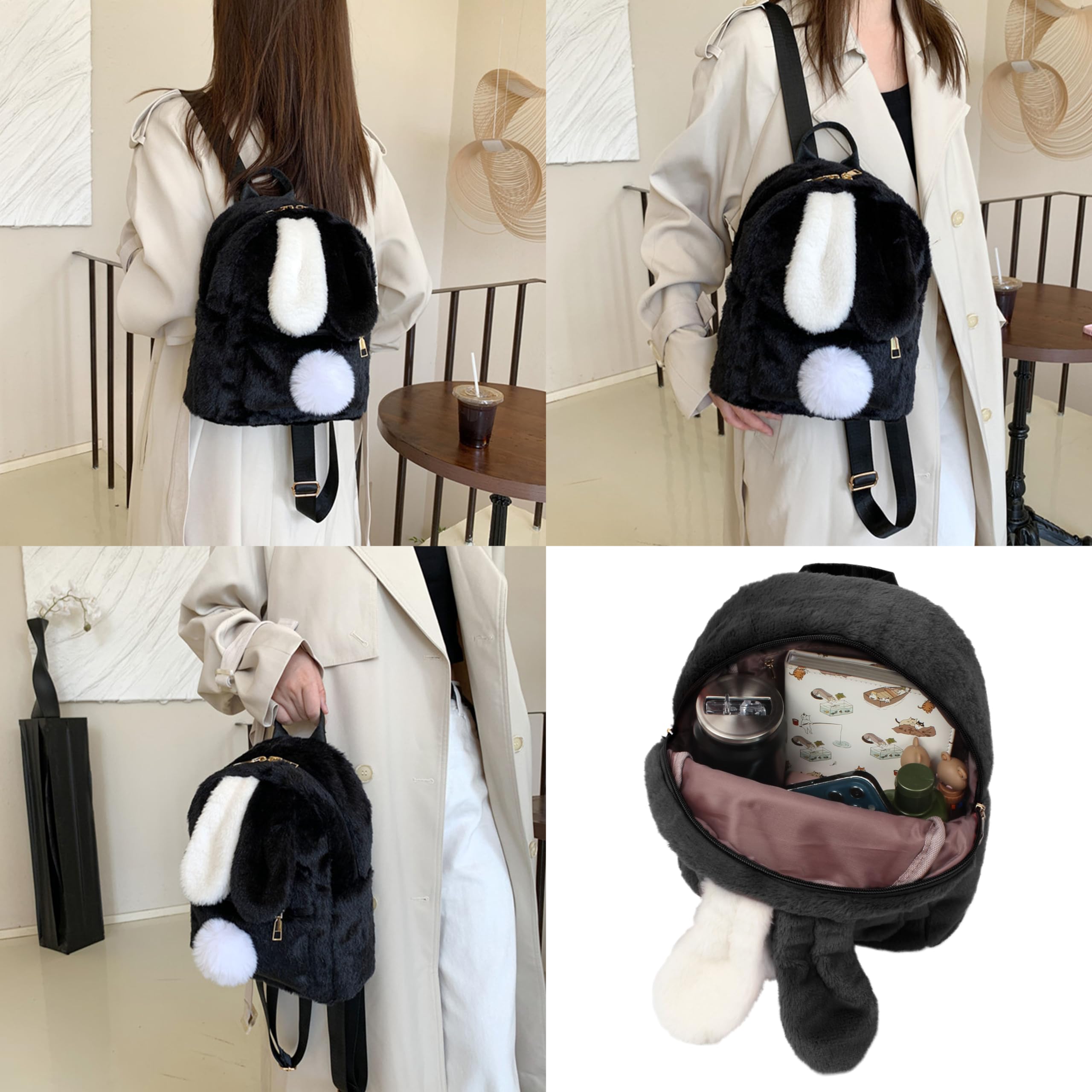 Meyaus Women Small Rabbit Ears Pompom Plush Backpack Casual Daypack
