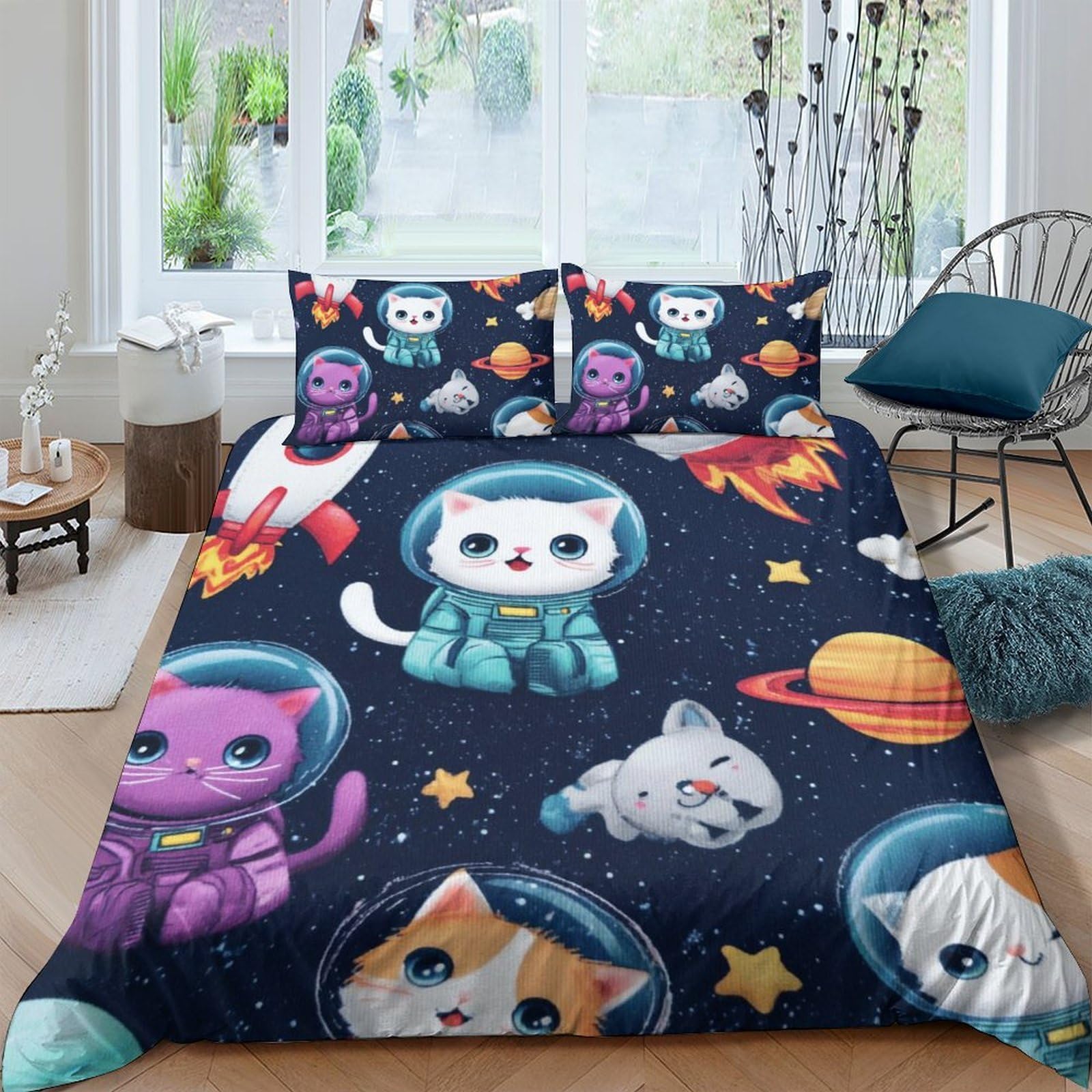 Ctjqhvkz Style-9 3D Printed Space Cat Fitted Sheet Microfiber Cartoon Astronaut Mattress Cover For Bedroom Decor Dorm Room Easy Care Single（135X200cm）