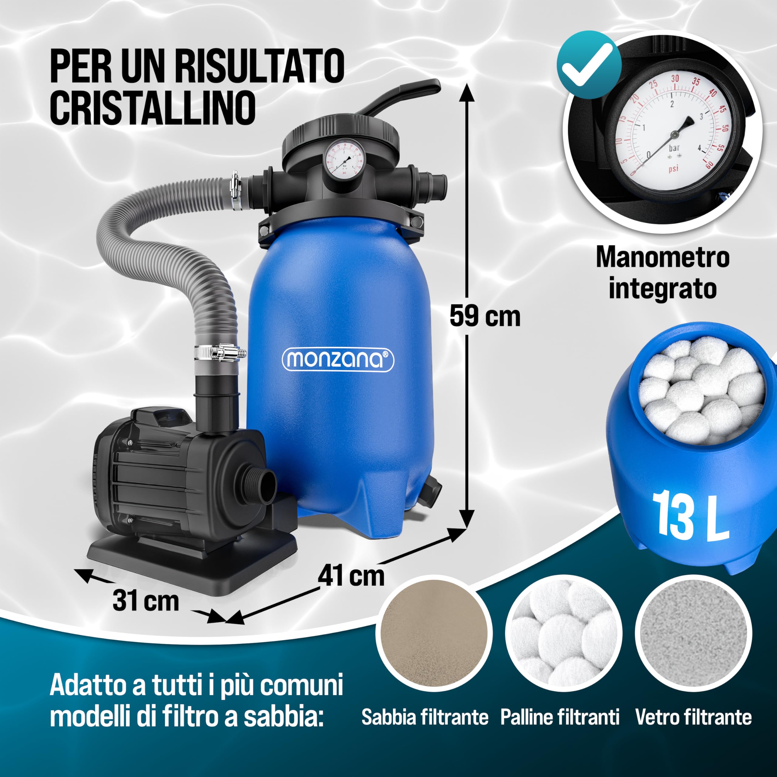 MONZANA® Filtro per Piscina MZPP180 5000 l/h fino a 15.000L incl. Palline Filtranti Valvola 7 Vie Adattatore 2in1 Ø32-38mm 180W Filtraggio per Piscina