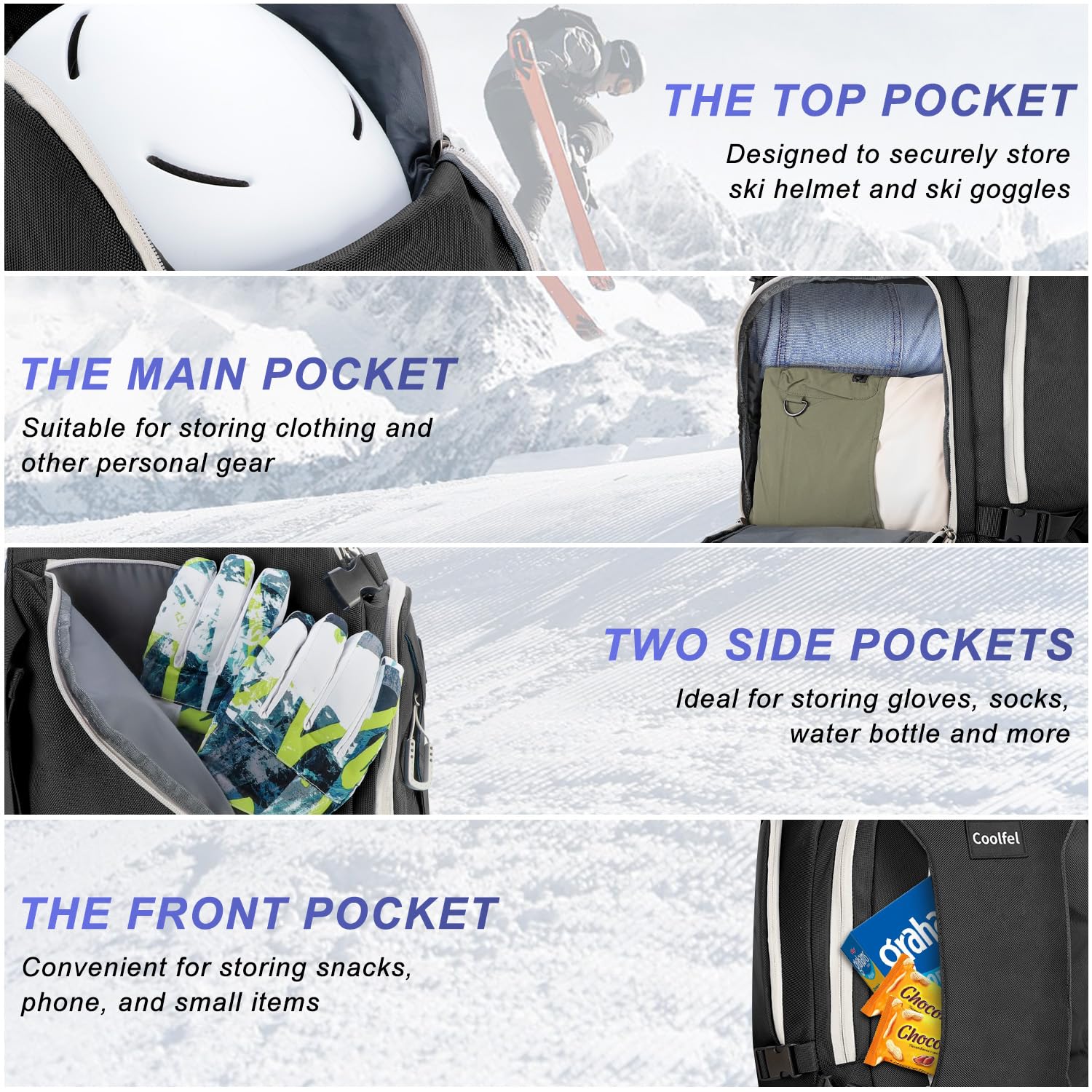 Coolfel Borsa per Scarponi da Sci con Scomparto per Casco, 50L Zaino da Sci Snowboard Pattini a Rotelle, Borsa da Sci Impermeabile per Casco, Giacca, Occhiali, Guanti