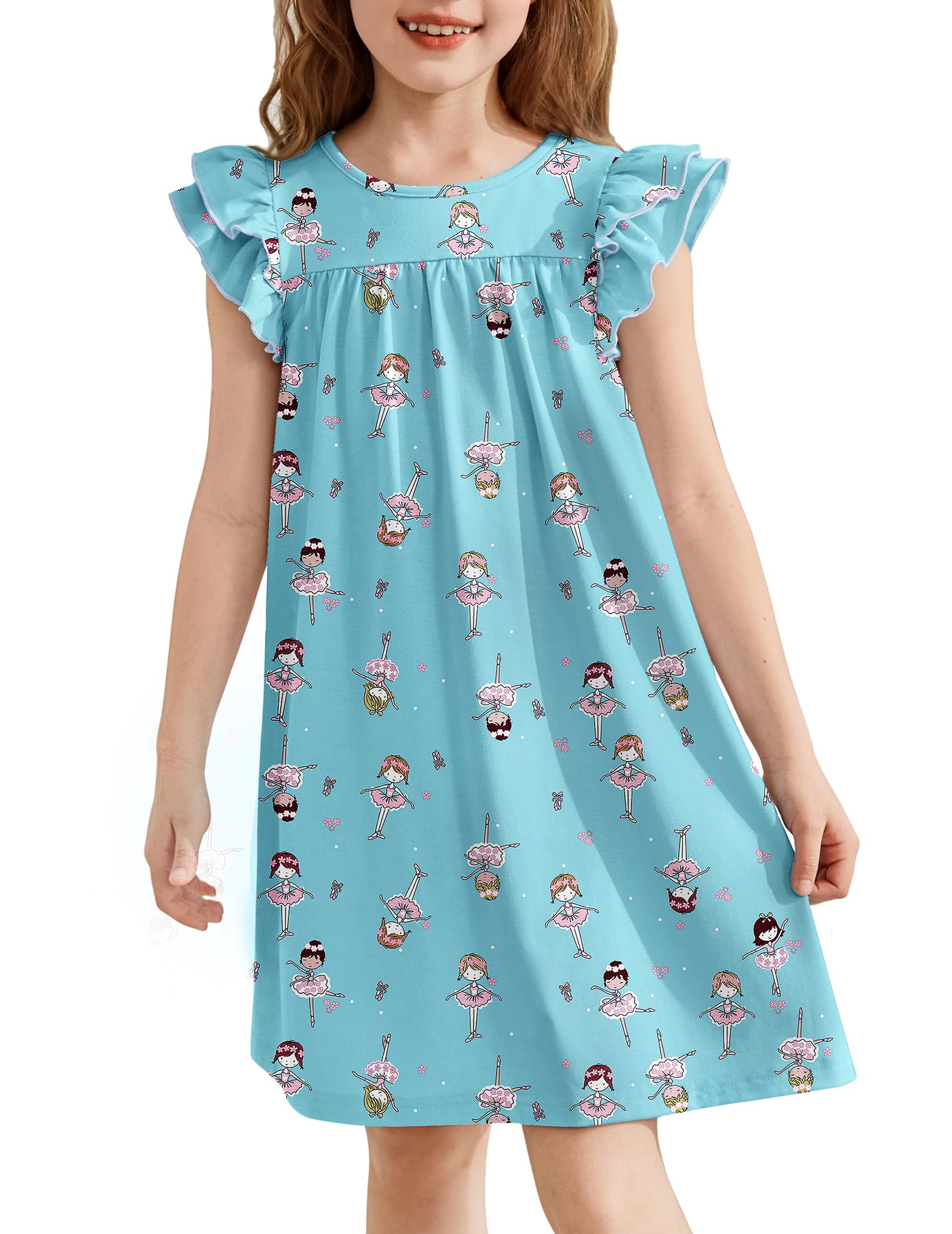 Arshiner Camisón para Niña con Mangas Volantes Vestido de Dormir para Niñas Verano Pijama de Manga Corta Cuello Redondo 5-14 Años — view 7