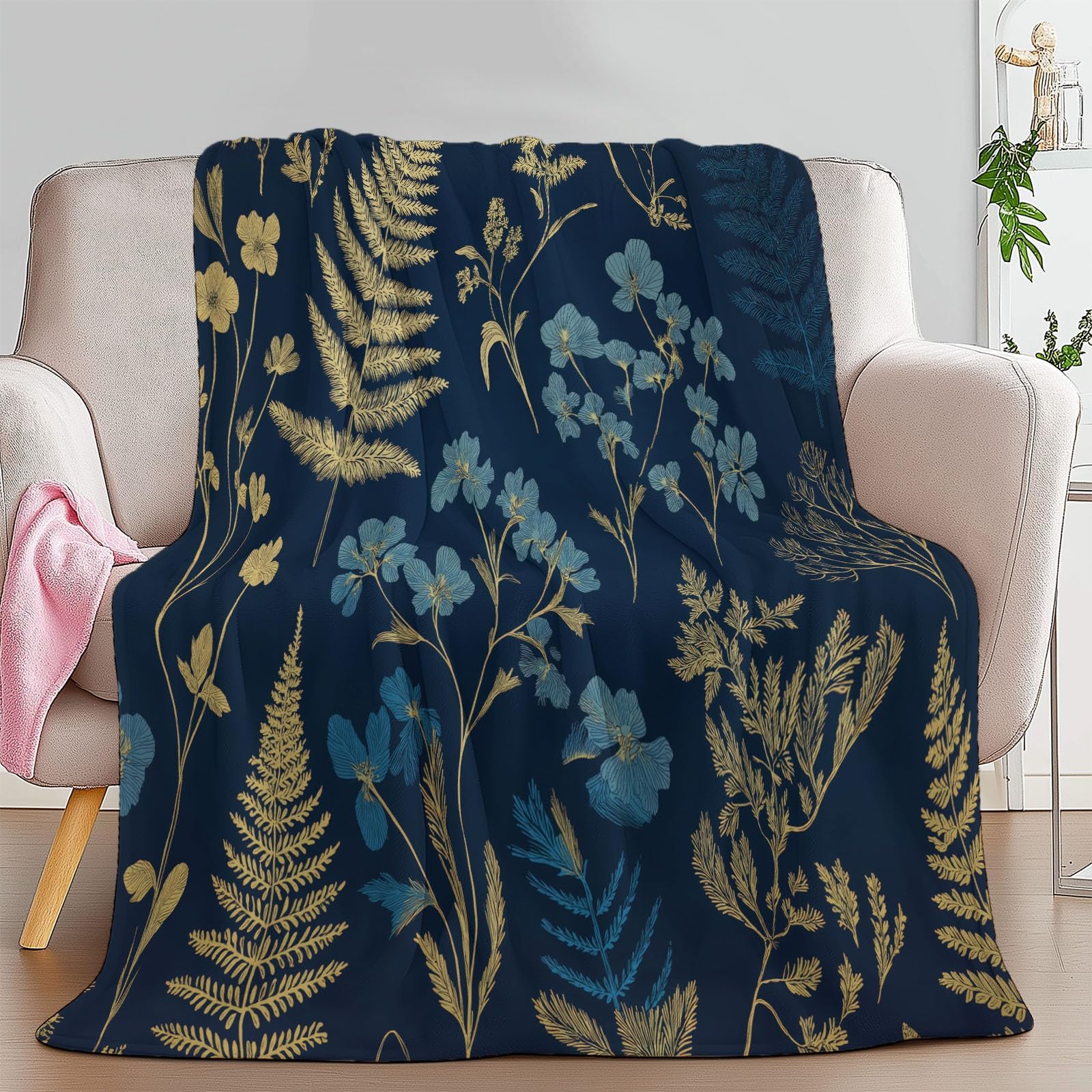 Coperta in flanella con fiori selvatici e felci, 150 x 200 cm, coperte in pile in microfibra pile per tutte le stagioni, per viaggi, divano per bambini, adulti, blu navy