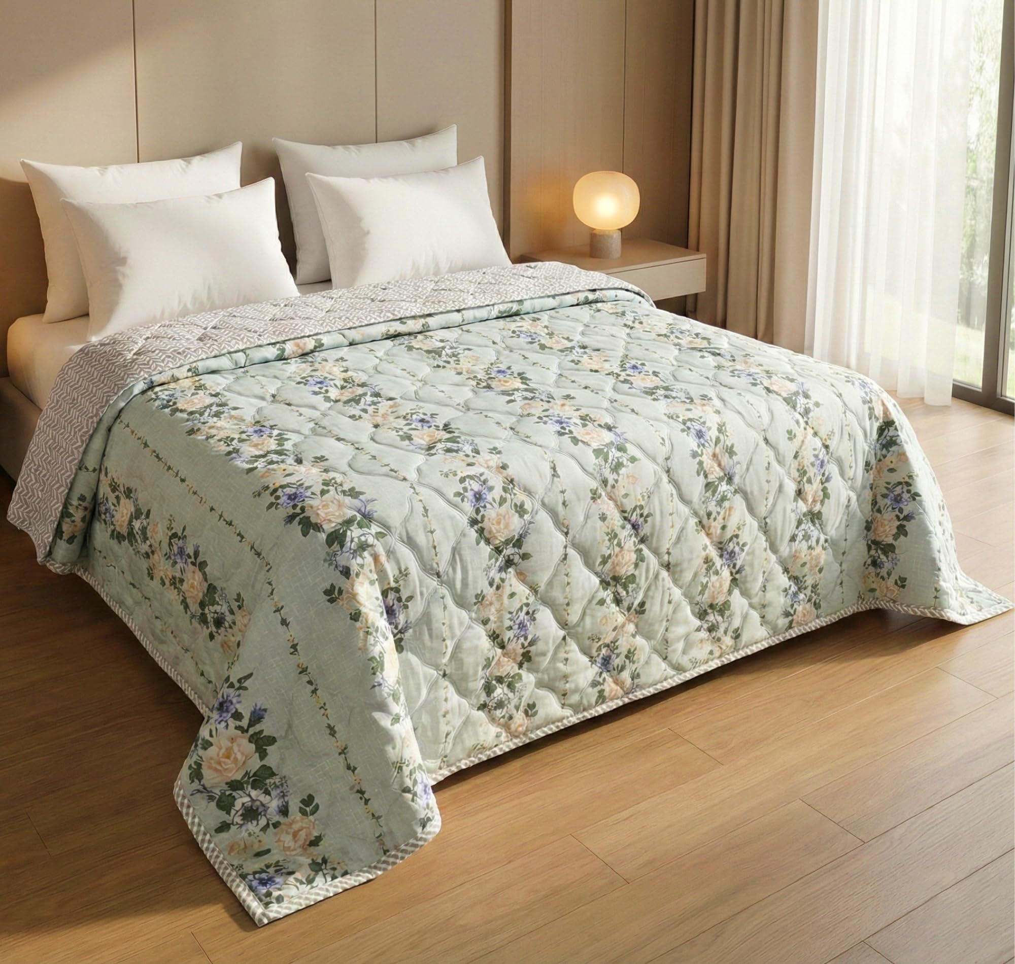 BSB HOME Ultrasonic Quilted AC Comforter 220 GSM|Premium Microfiber Reversible All Season Blanket for Double Bed | Ultra Soft Lightweight Quilt Duvet | 225 x 220 cm (Green)