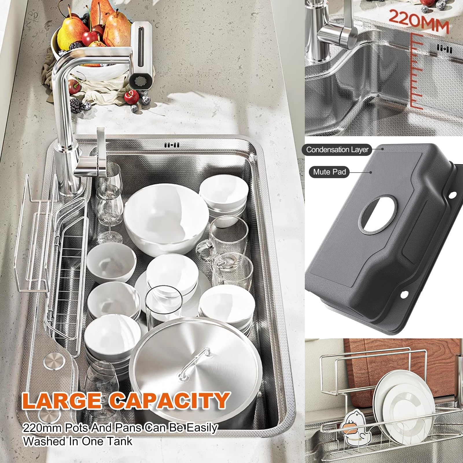 Moderno lavello da cucina a vasca singola con rubinetto a cascata estraibile, design giapponese, rondella tazza, foro di scarico, 78 x 48 x 22 cm, tial per cucine Slish