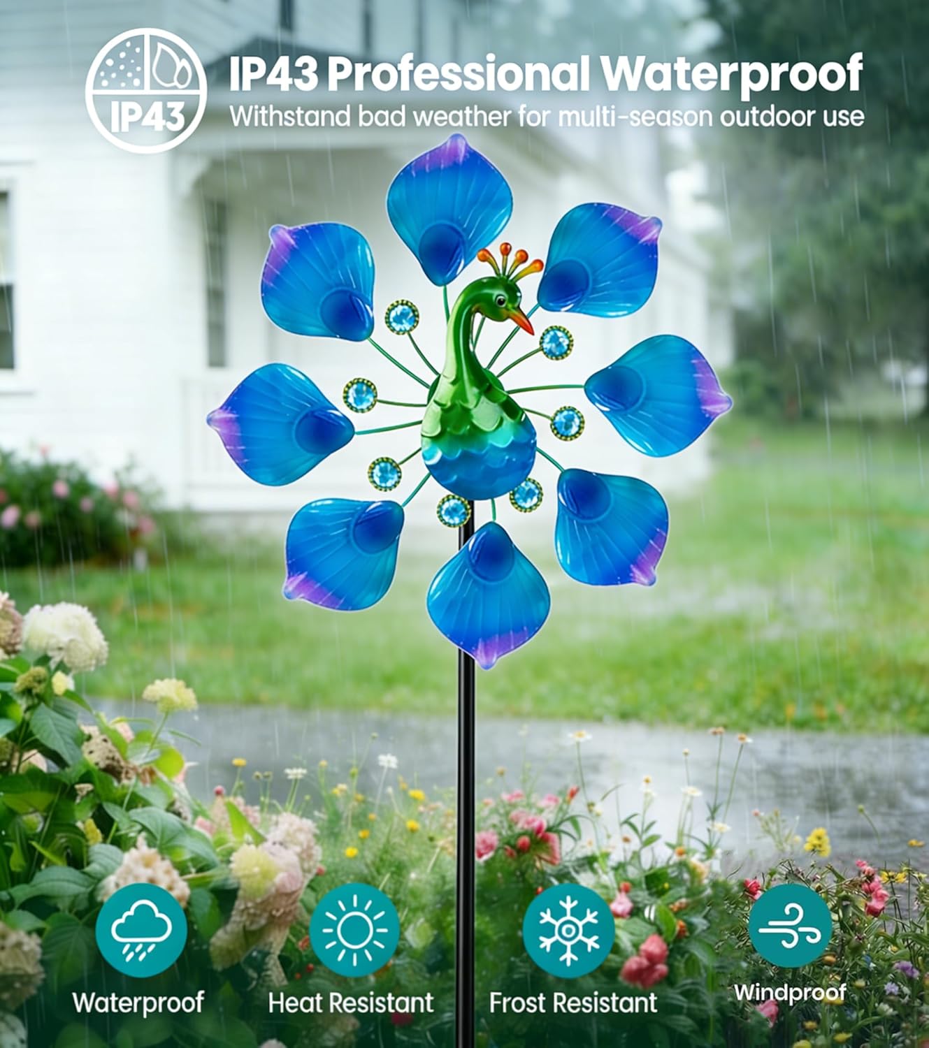 44" Peacock Garden Wind Spinners - Metal Outdoor Stakes Kinetic Wind Spinner Windmills Decor, Wind Sculpture Yard Art Decorations for Patio, Lawn & Garden