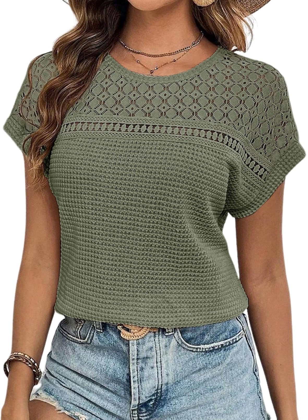 Chicrise Bluse Damen Elegant Kurzarm Spitzen Oberteile Häkel Rundhals Tshirt Sommer
