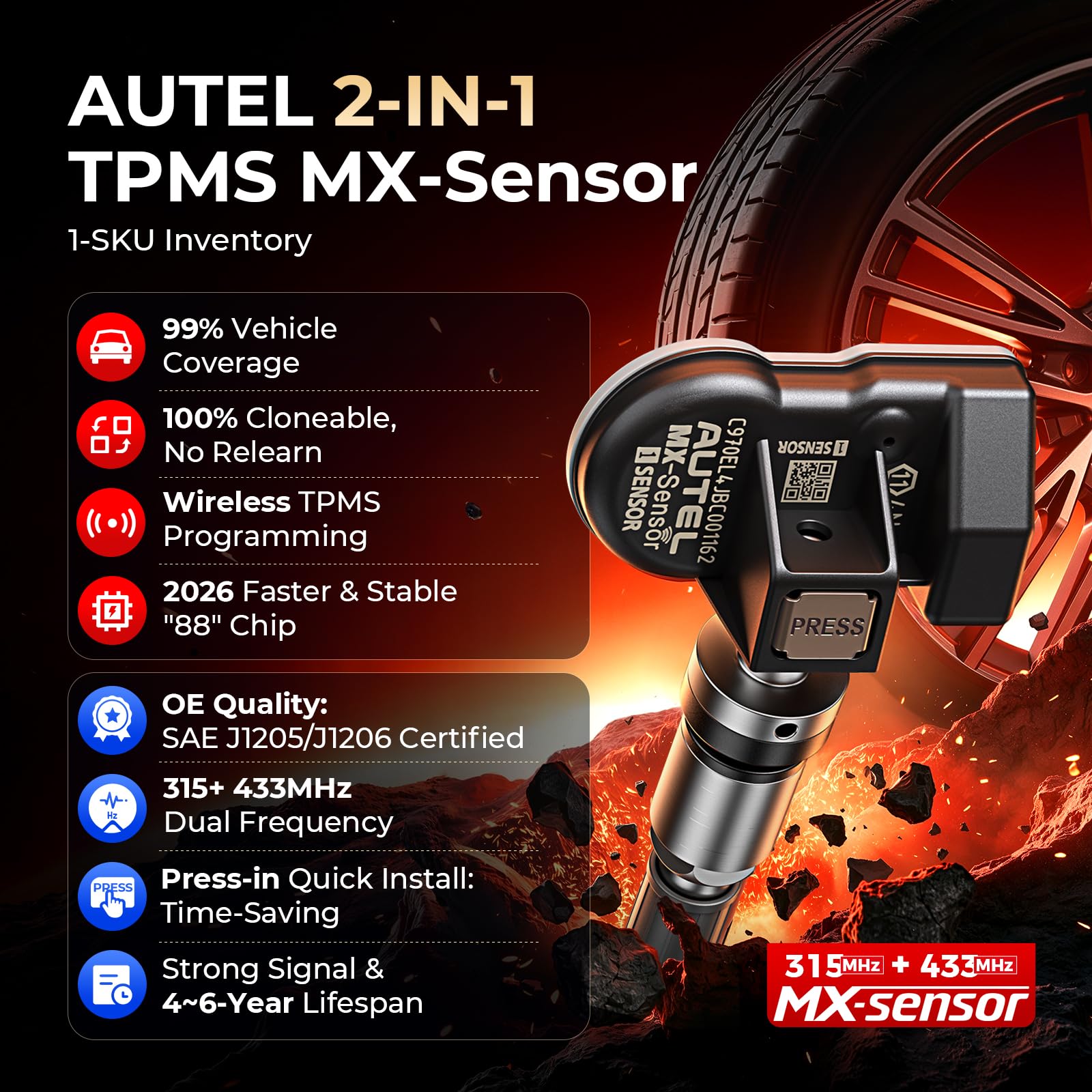 Autel Sensor TPMS 1-Sensor, MX-Sensor 315MHz + 433MHz Válvula de