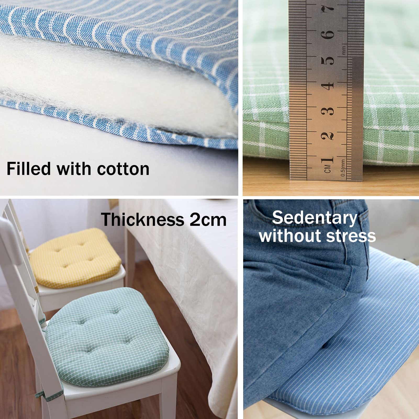 YOUNGC Chair Cushion for Dining Non-Slip Washable Kitchen Chair Pads with Ties, 3cm Thicken Stuffing Cotton Office Sitting Chair Soft Pads, All Seasons(Size:4pcs,Color:Green)