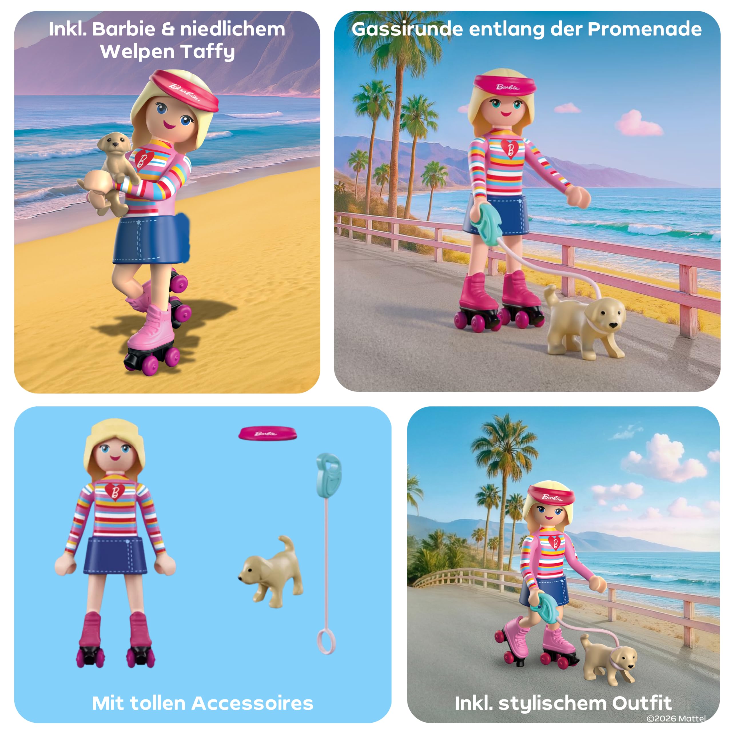 PLAYMOBIL| Barbie Malibu | Rollschuh‑Set mit Barbie, Welpe Taffy & wandelbaren Sneakers | Für Kinder ab 4 Jahren | 72126